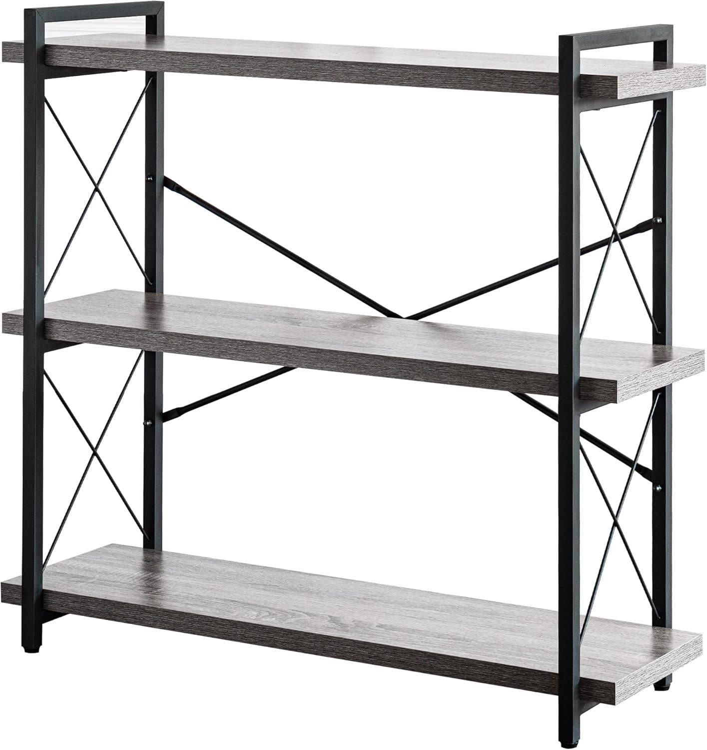 Bookshelf, 3-Tier Industrial Bookcase, Rustic Open Book Shelf, Freestanding Horizontal Bookshelves with Metal Frame