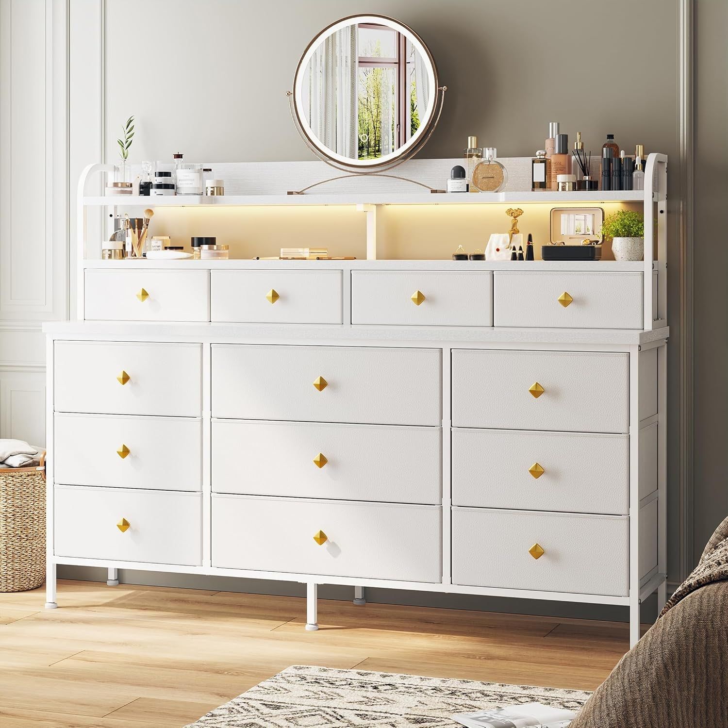 51.2&quot; W White Dresser with 13 Drawers and LED Lights, White Dresser for Bedroom with Fabric Drawer, Long Dressers &amp; Chests of Drawers, Dresser for Bedroom with Shelves for Closet
