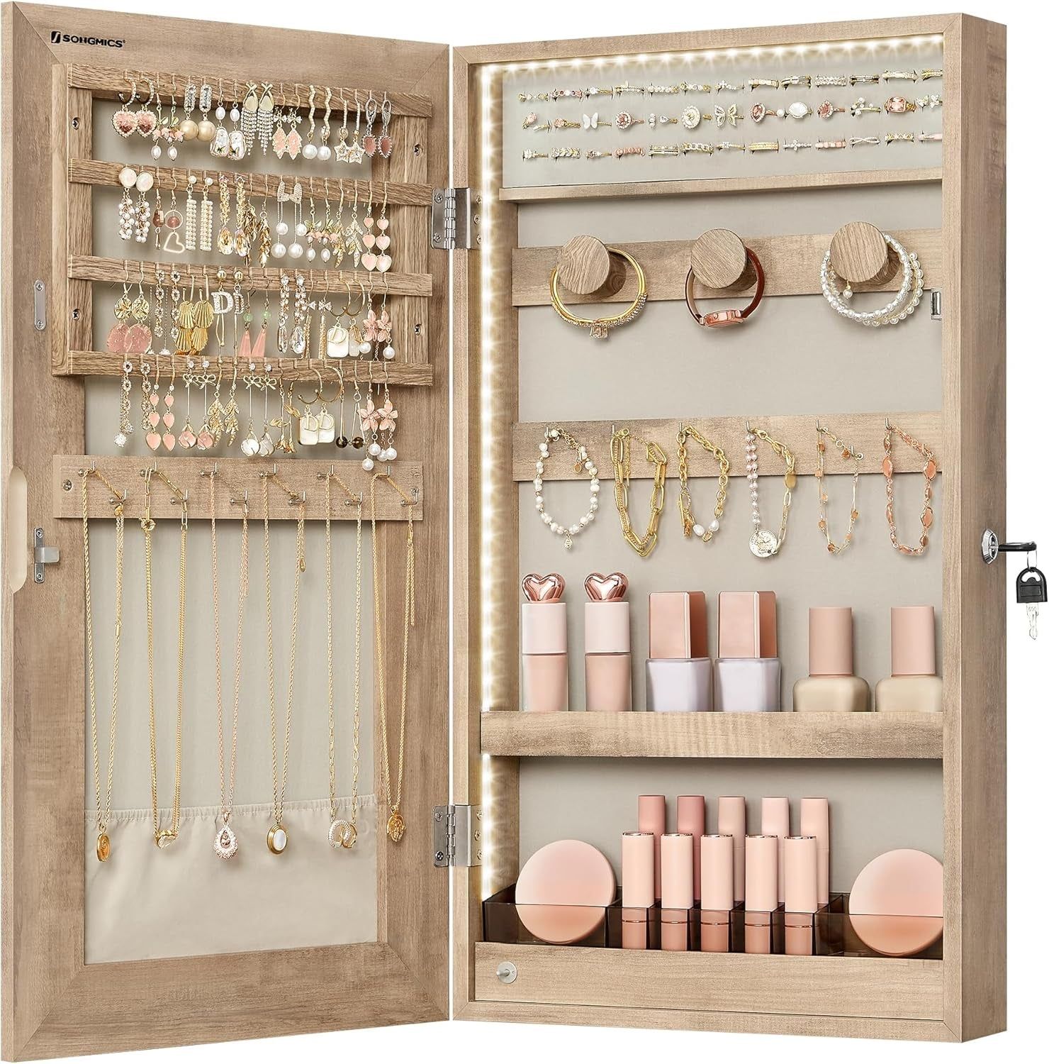 Mirror Jewelry Cabinet Armoire with Built-In LED Lights, Wall or Door Mounted Jewelry Storage Organizer, 3.8 X 14.6 X 26.4 Inches Hanging Mirror Cabinet, Gift Idea, Camel Brown UJJC050N01