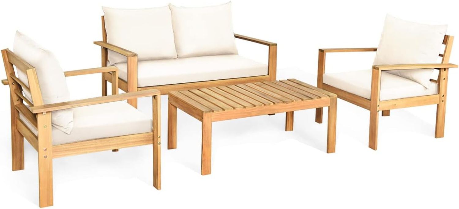 Outdoor 4-Piece Acacia Wood Chat Set, 4 Seater Acacia Wood Conversation Sofa and Table Set with Water Resistant Cushions, Teak Finished (1, White)