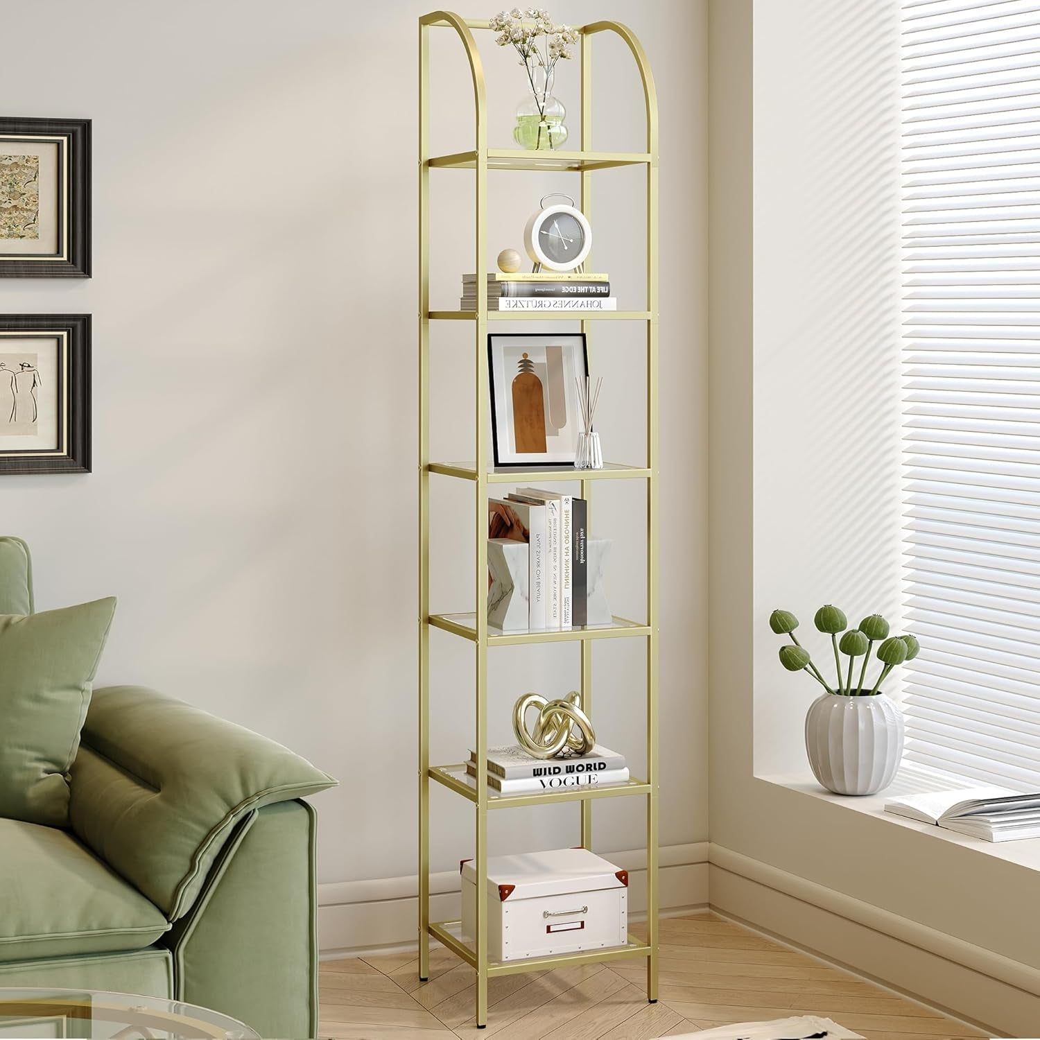 Bookcase Bookshelf, Tempered Glass Arched Bookshelf for More Storage, Slim Shelving Unit for Bedroom, Bathroom, Home Office, Steel Frame, 6 Tier Gold BC20699G