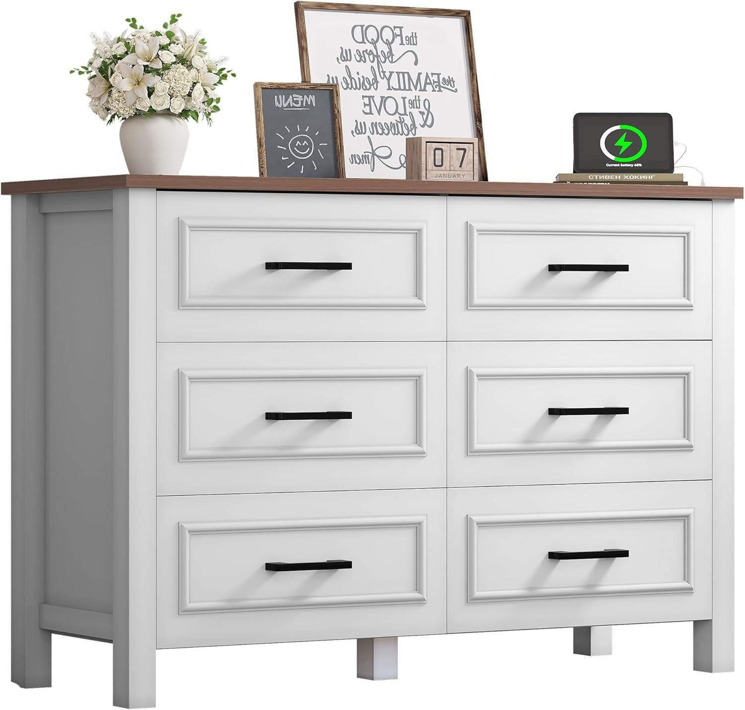 6-Drawer Dresser with Built-In Power Outlet, Wood Dresser TV Stand with 6 Large Drawers &amp; Bar Handles, Dresser Chest of Drawers for Entryway Living Room Hallway, White &amp; Walnut