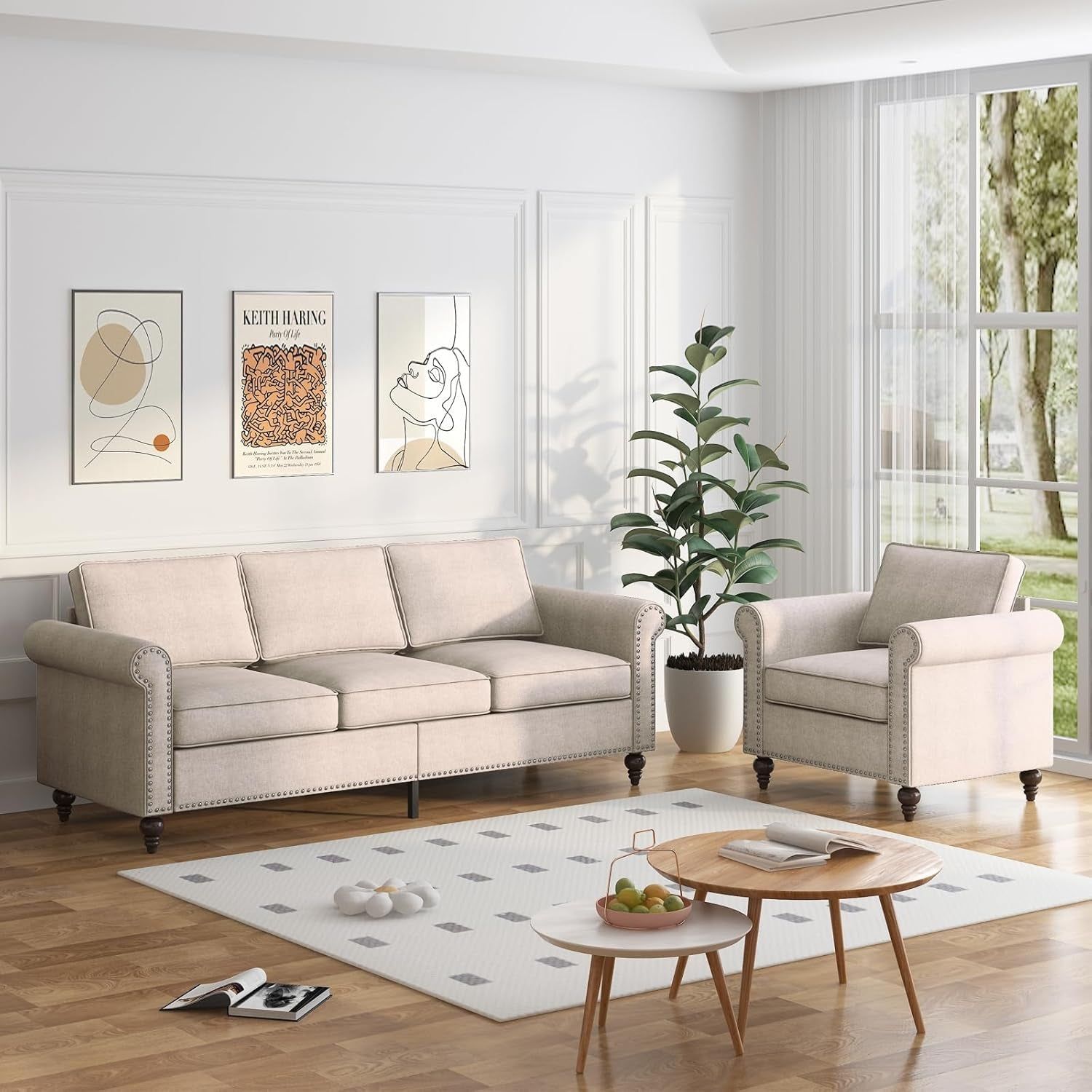 2 Piece Living Room Sofá Set, 3 Seat Sofa and Armchair with Solid Wood Frame and 4 Gourd Shapes Legs for Home/Bedroom/Apartment(Beige)