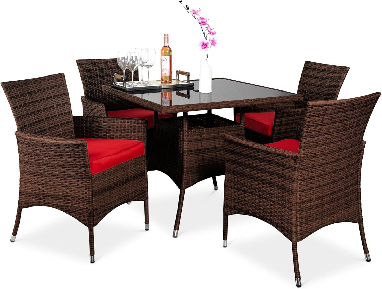 5-Piece Indoor Outdoor Wicker Dining Set Furniture for Patio, Backyard W/Square Glass Tabletop, Umbrella Cutout, 4 Chairs - Red