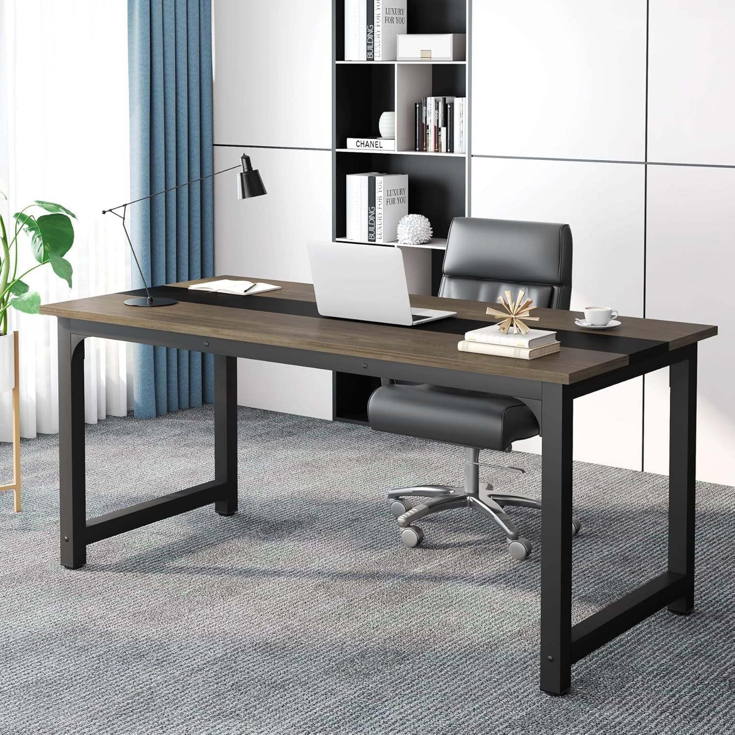 70.8” Executive Desk, Large Office Computer Desk with Thicken Frame, Modern Simple Workstation Business Furniture for Home Office, Vintage Grey/Black