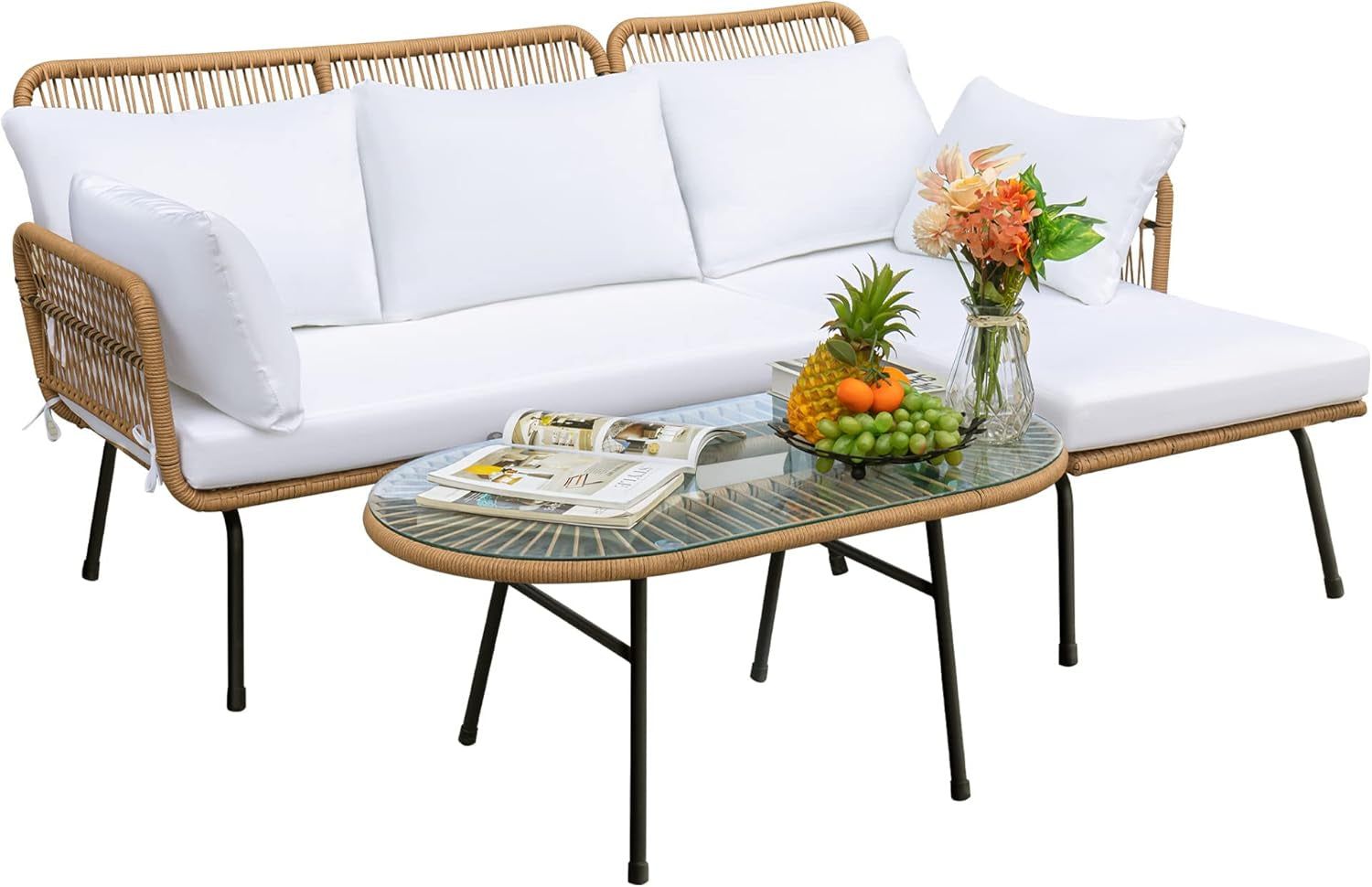 Outdoor Patio Furniture Set, Outdoor Sectional Conversation Rope Woven L-Shaped Sofa Set with Patio Table and Thick Cushions for Backyard Porch Balcony Garden, White