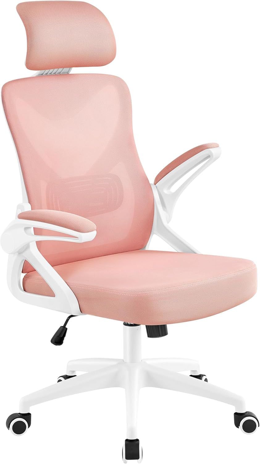 Ergonomic Office Chair, High Back Mesh Desk Chair with Flip-Up Armrests, Adjustable Headrest Computer Chair with Lumbar Support for Home Oiffce Gaming Room, White/Pink