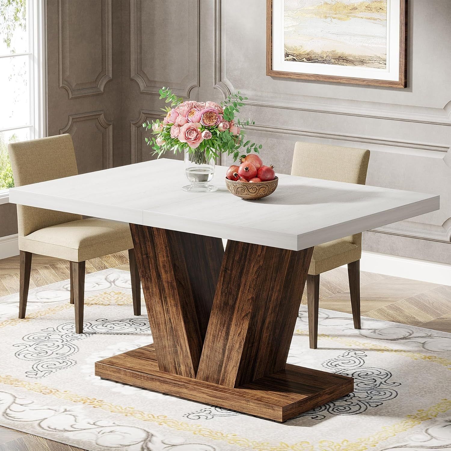 47-Inch Dining Table for 4, White Kitchen Dinner Table with Heavy Duty Pedestal, Farmhouse Wooden Eating Table for Home, Dining Room, Small Space, White &amp; Brown