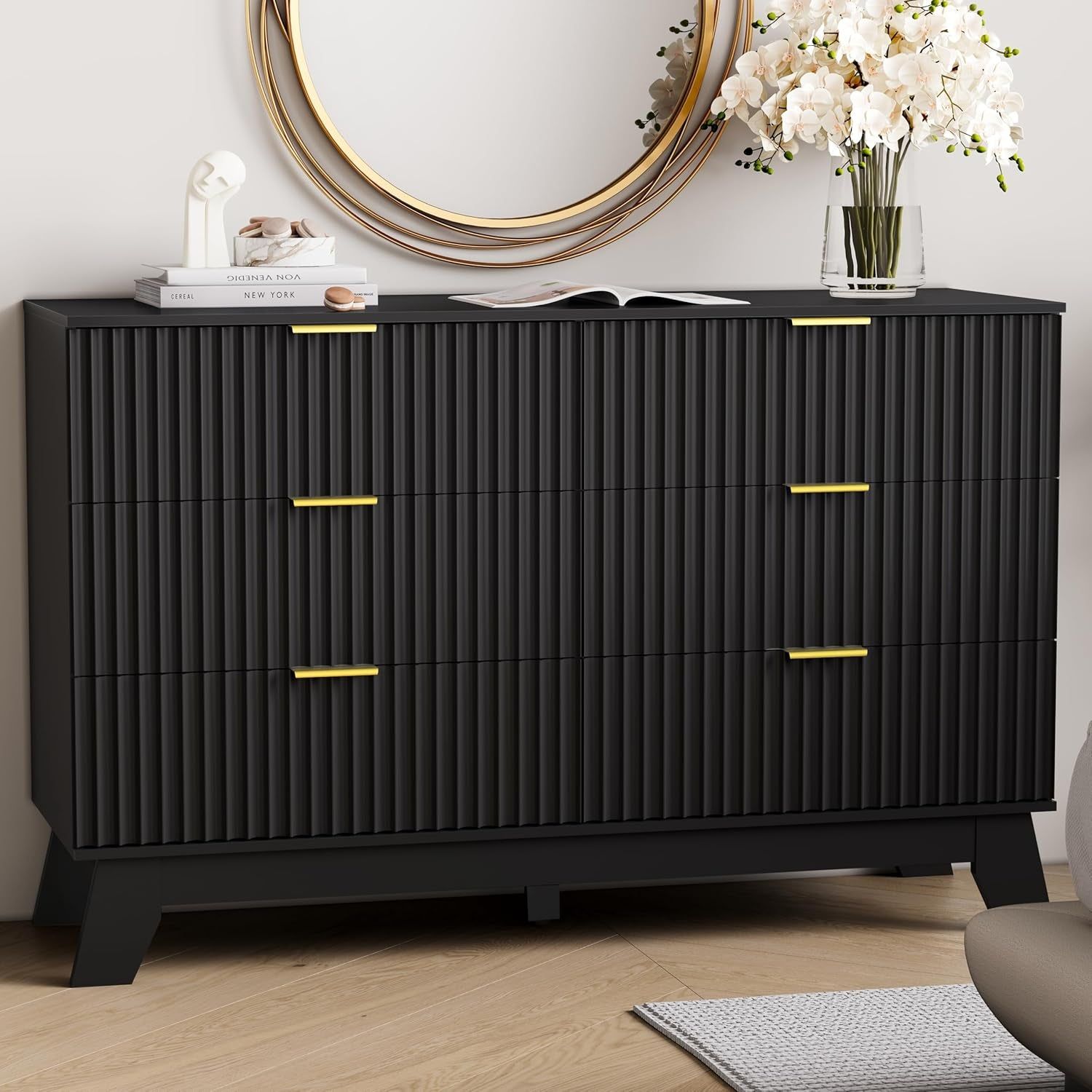 6 Drawers Dresser for Bedroom, Fluted Dresser Chest of Drawers with Gold Handle, Nature Wood Mid Century Modern Dresser for Closet, Bedroom Furniture Storage Organizer for Living Room, Hallway