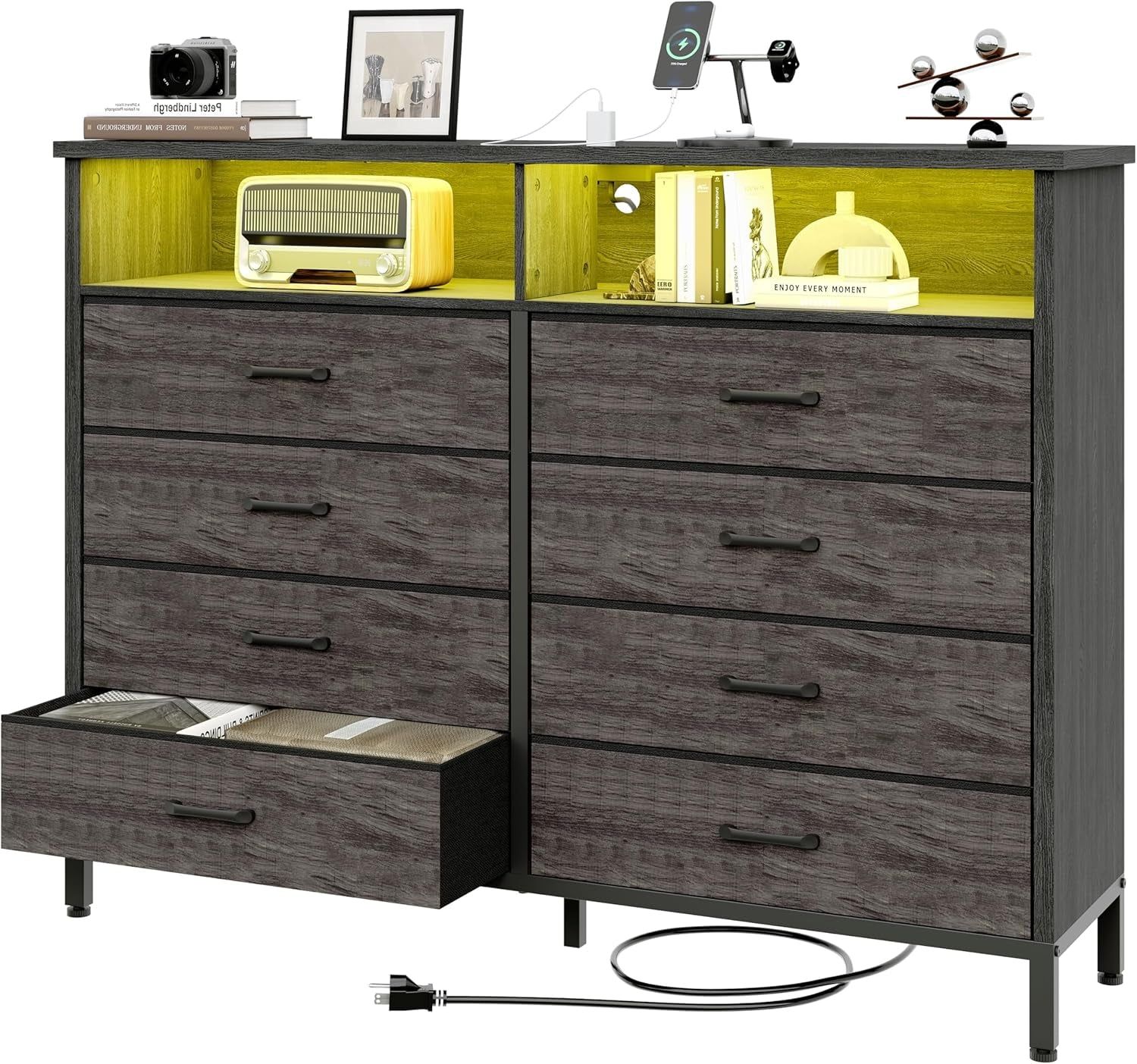 LED Dresser with 8 Fabric Drawers and Charging