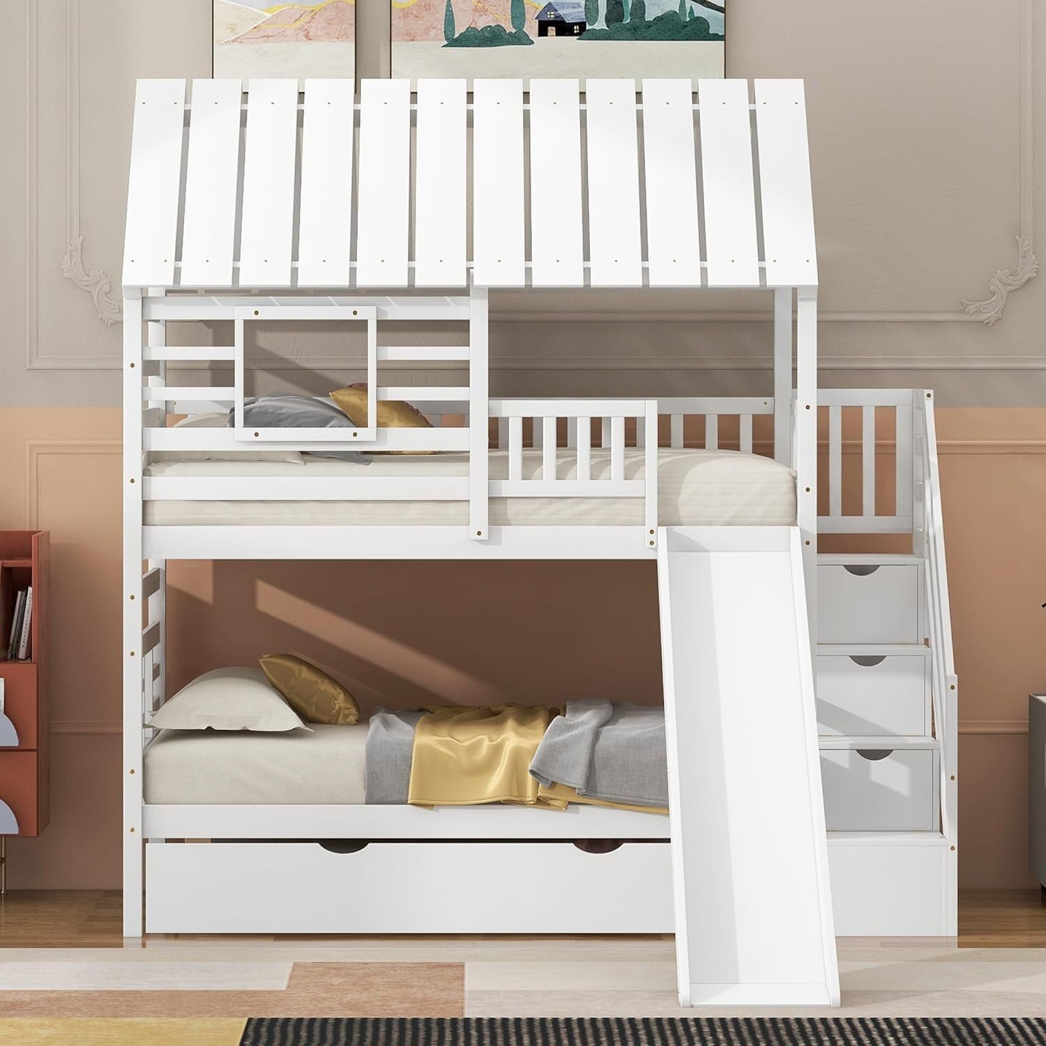 Kids Twin over Twin Bunk Beds with Slide and Trundle, Solid Wood Bunk Bed Frame with Stairs and Storage, Playhouse Bunk Bed with Roof and Window for Kids, Teens, Girls &amp; Boys (White)