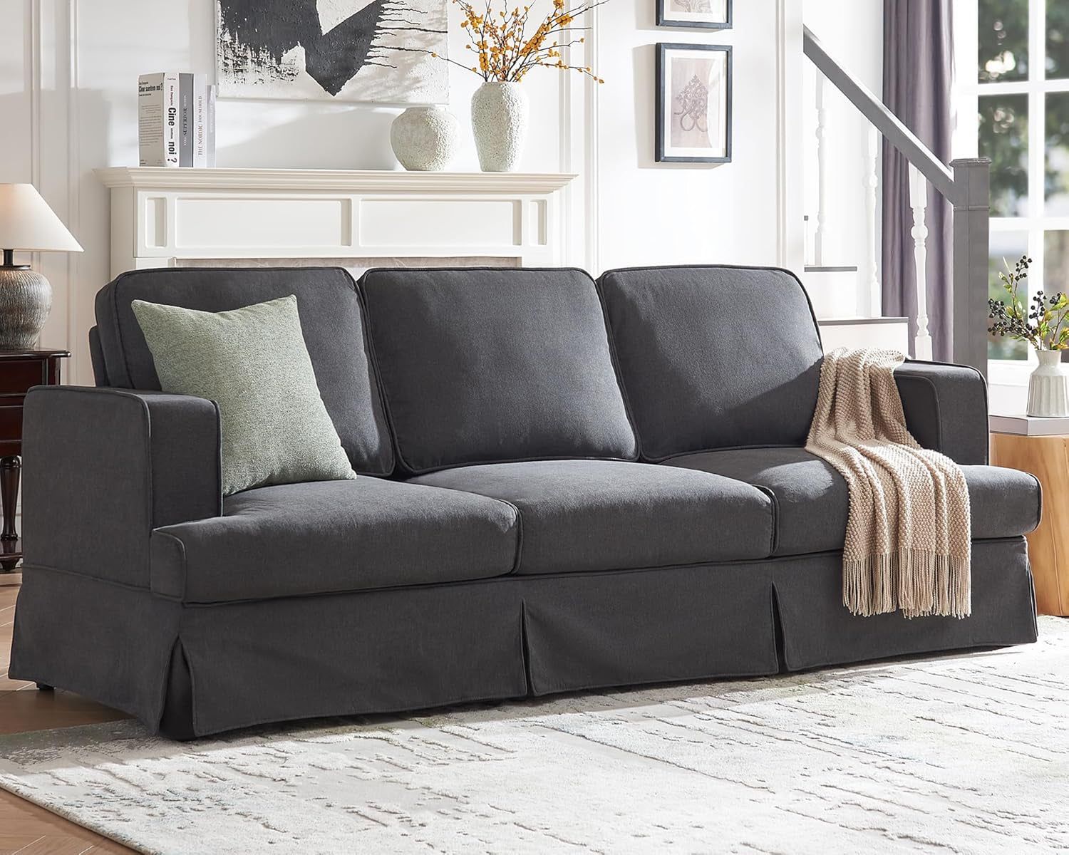 Modern Sofa, 89 Inch Slipcovered Sofa, 3 Seater Sofa Comfy Couch for Living Room Office, Linen Grey Oversized Couch