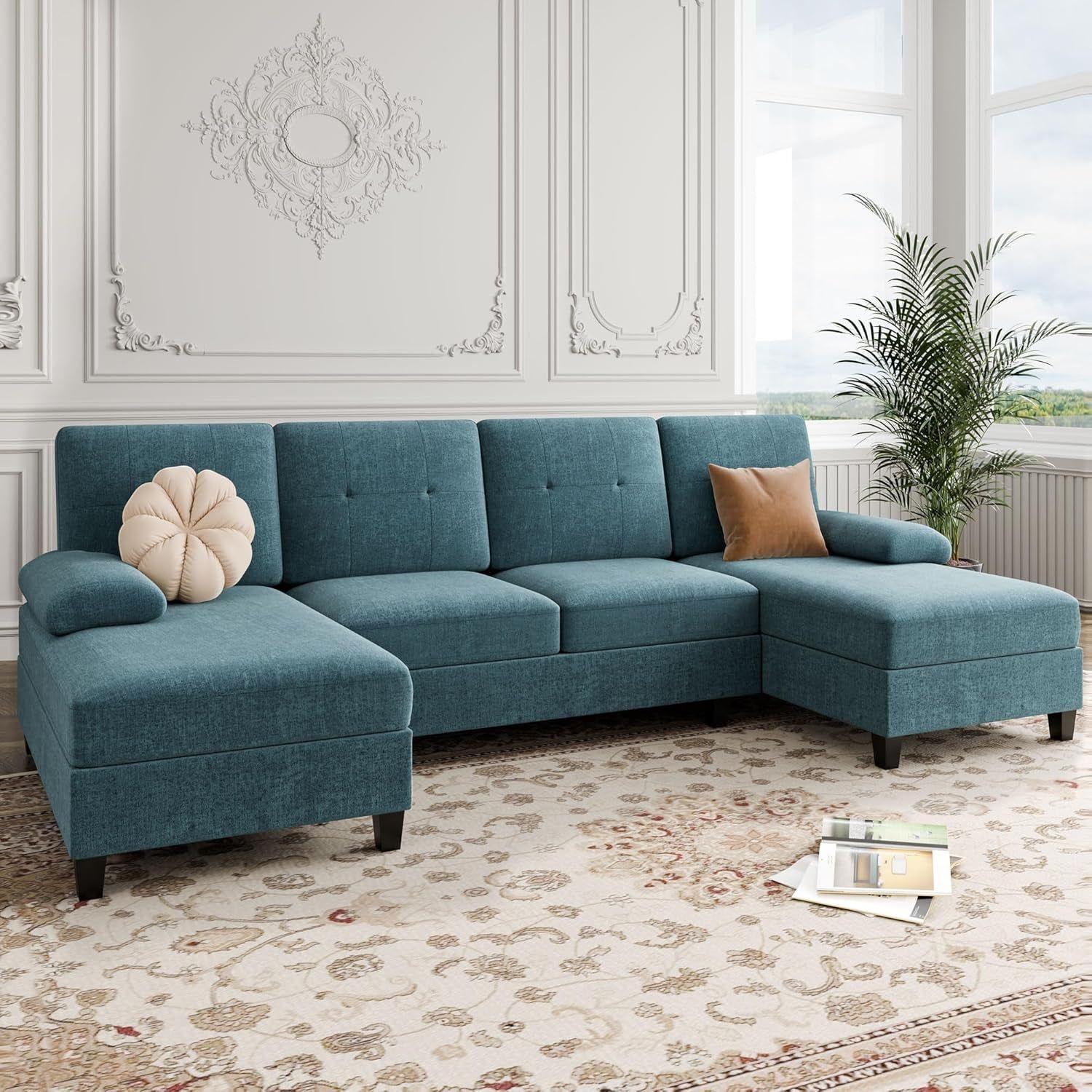 U-Shaped Sectional Sofa with Double Chaise, 4-Seat Linen Fabric Living Room Furniture Set, High-Density Cushions for Ultimate Comfort &amp; Modern Style, Lake Blue