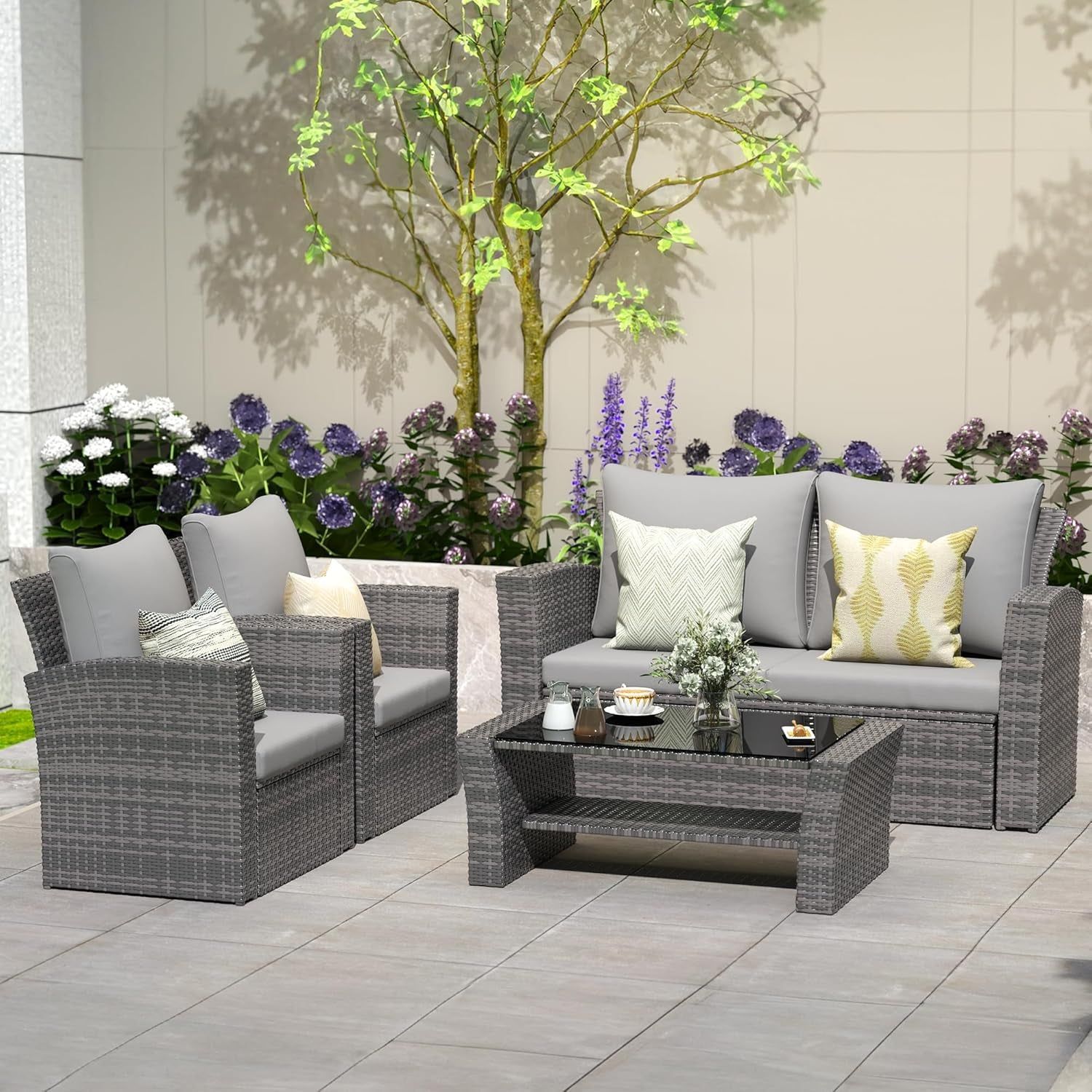 4 Piece Patio Furniture Sets, All-Weather Wicker Conversation Sets, Outdoor Rattan Sectional Sofa Chair with Cushions and Coffee Table for Balcony, Garden, Backyard,Grey/Light Grey