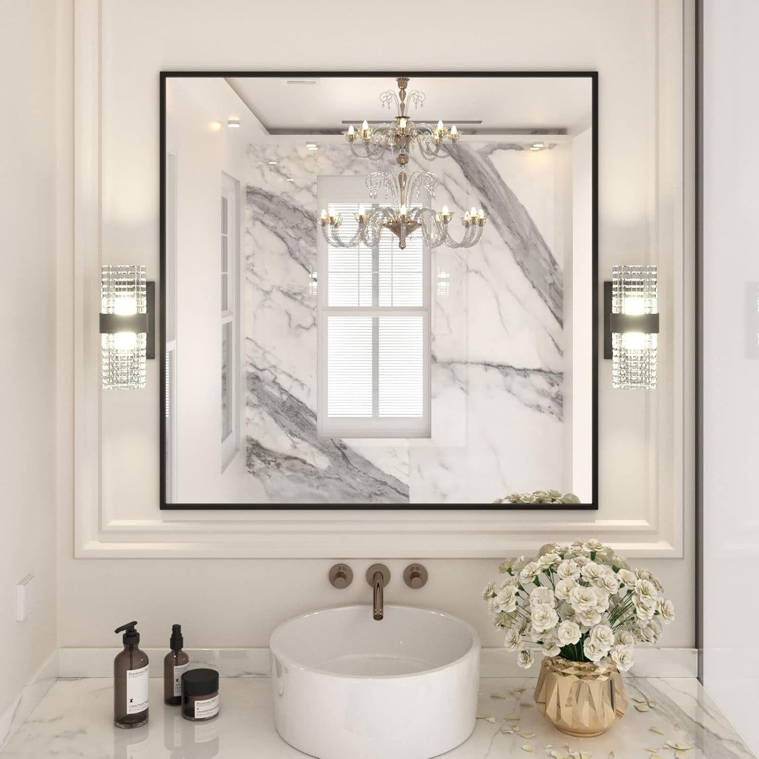 36&quot;X36&quot; Black Rectangle Bathroom Mirror Wall, Matte Black Aluminum Alloy Frame, Tempered Glass, Hangs Vertically or Horizontally, Easy to Install