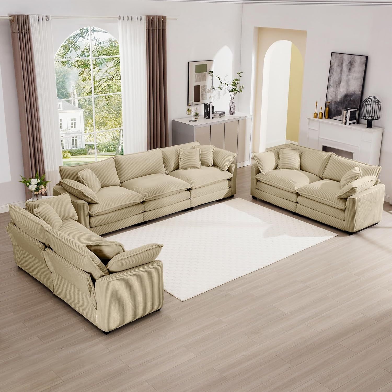Luxury 3 Piece Sofa Set, 3-Seater &amp; 2 Loveseat Couch Set, Modern Corduroy Comfy Cloud Couches Set for Living Room Office with 6 Armrest Pillows and 7 Toss Pillows, Camel