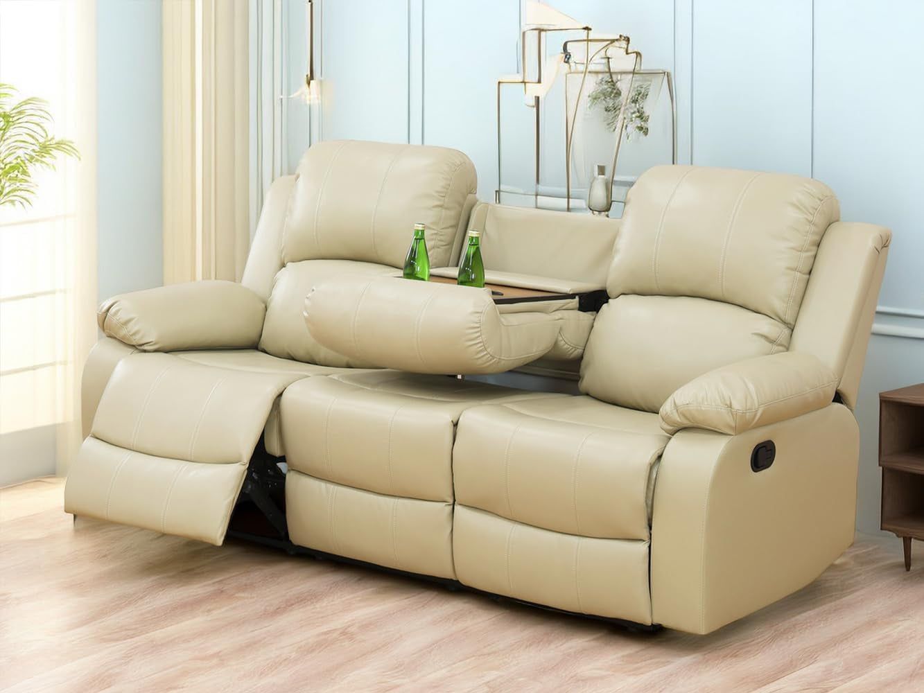 Manual Reclining Sofa Modern Recliner Sofa Couch 3 Seater Leather Reclining Sofa Living Room Furniture Couch with Cup Holders &amp; Flip-Down Table for Home/Office/Rv Car (Beige, 3 Seater Sofa)