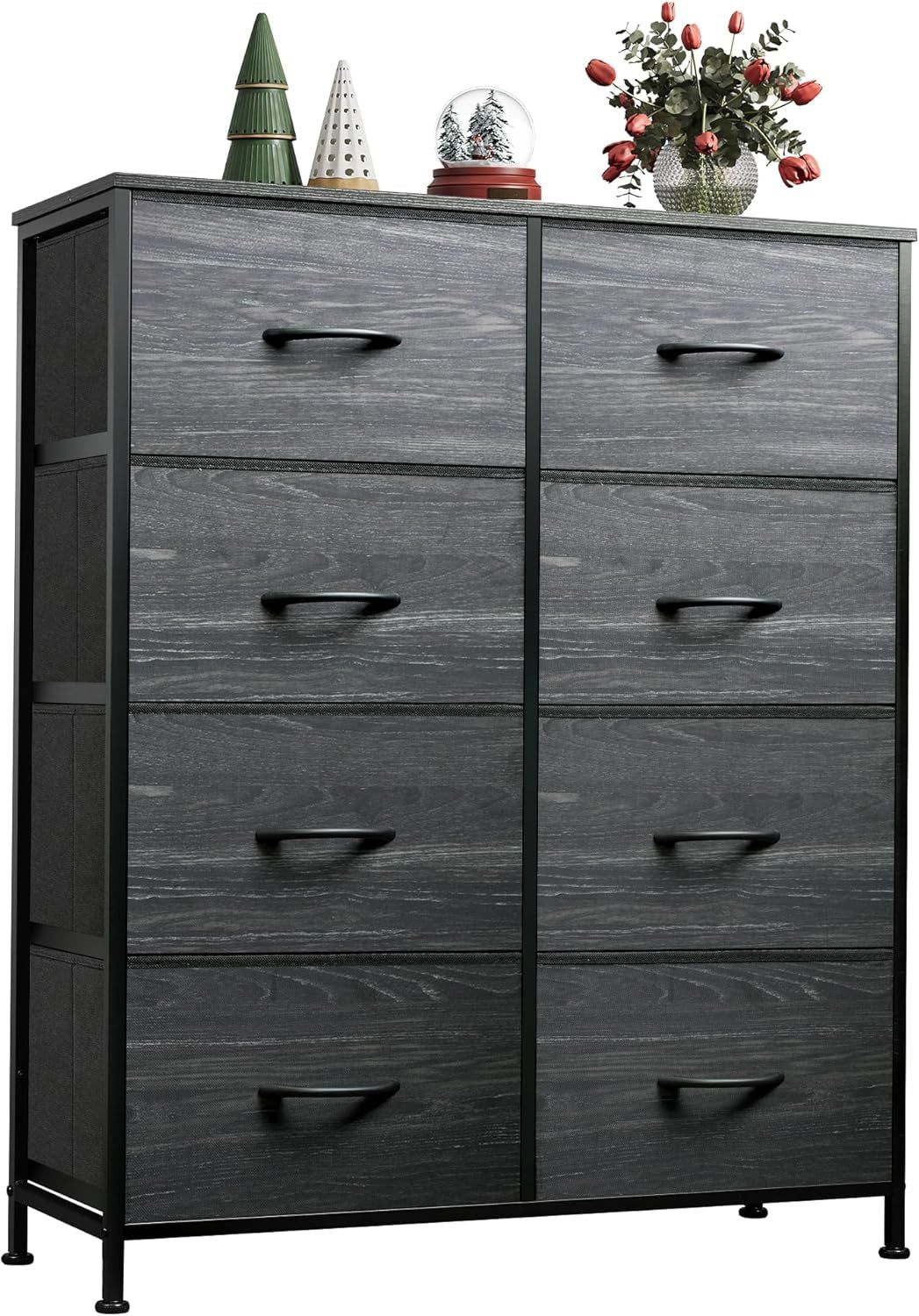 Tall Fabric Dresser for Bedroom with 8 Drawers, Storage Tower with Bins, Double Dresser, Chest of Drawers for Closet, Living Room, Hallway, Charcoal Black Wood Grain Print