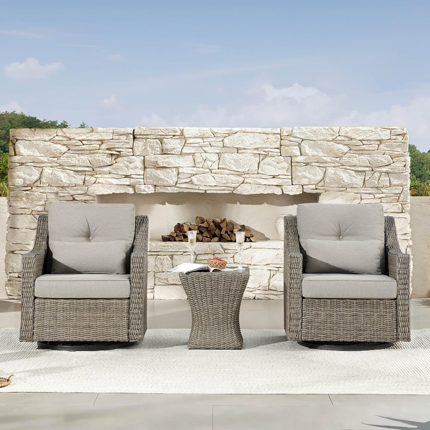 3 Pieces Wicker Patio Bistro Set, Outdoor Furniture Set with 2 Pieces Rattan Rocking Swivel Chairs, Thickened Cushions and Side Table, Brownish Grey Cushions with Grey Wicker