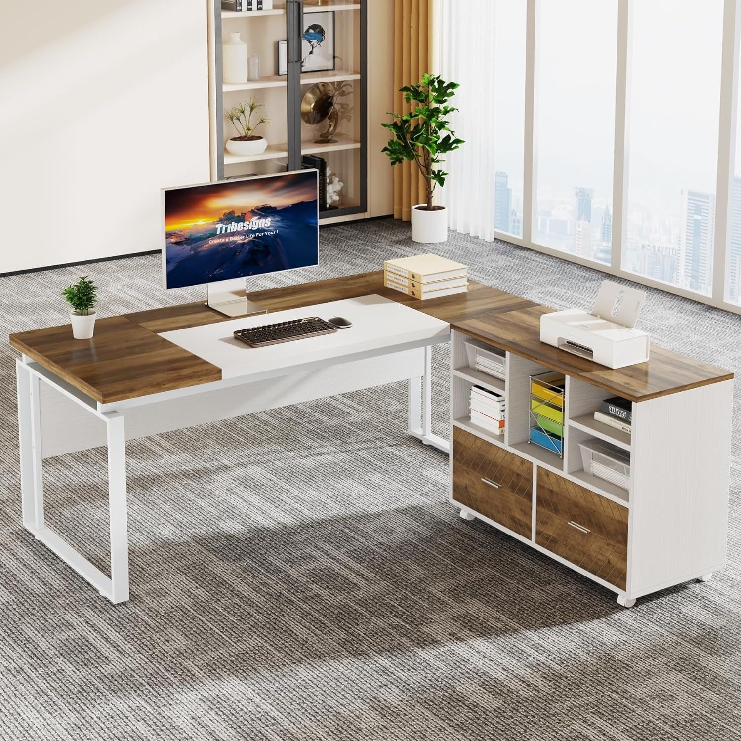 L-Shaped Executive Desk with Reversible File Cabinet, 63&quot; Office Desk with Storage Drawers, Computer Desk Set (Oak Karo &amp; White)