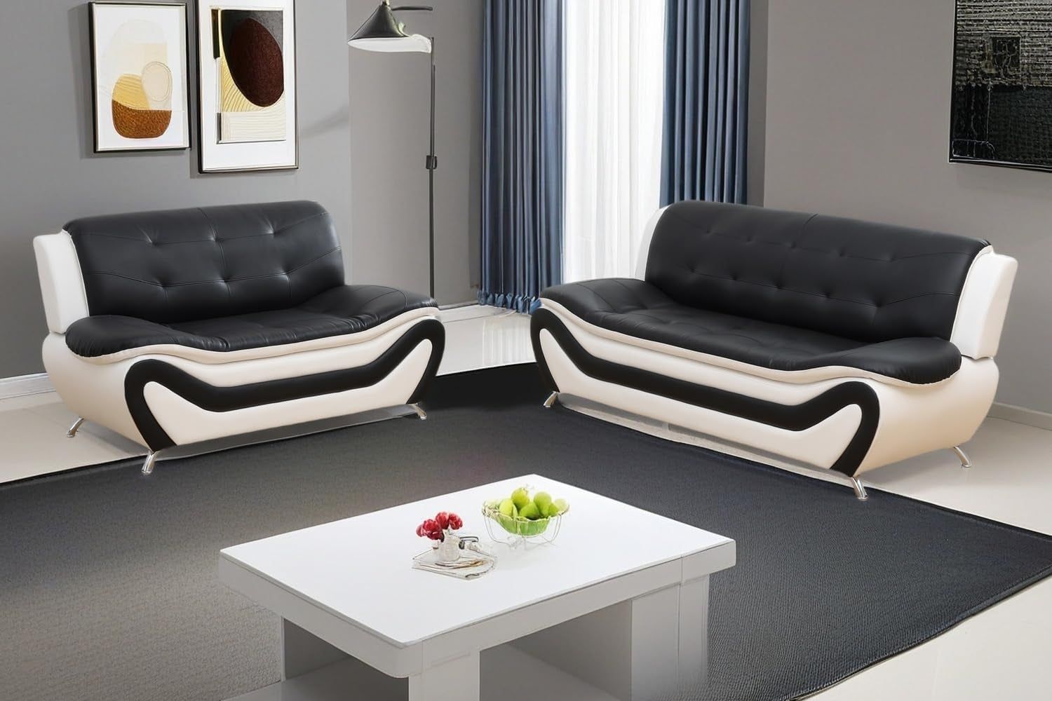 Sectional Sofa Sets, Living Room Furniture Sets Modern Faux Leather Sofa Couch 5-Seat Sofa for Living Room(C-Black/White, Sofa+Loveseat)