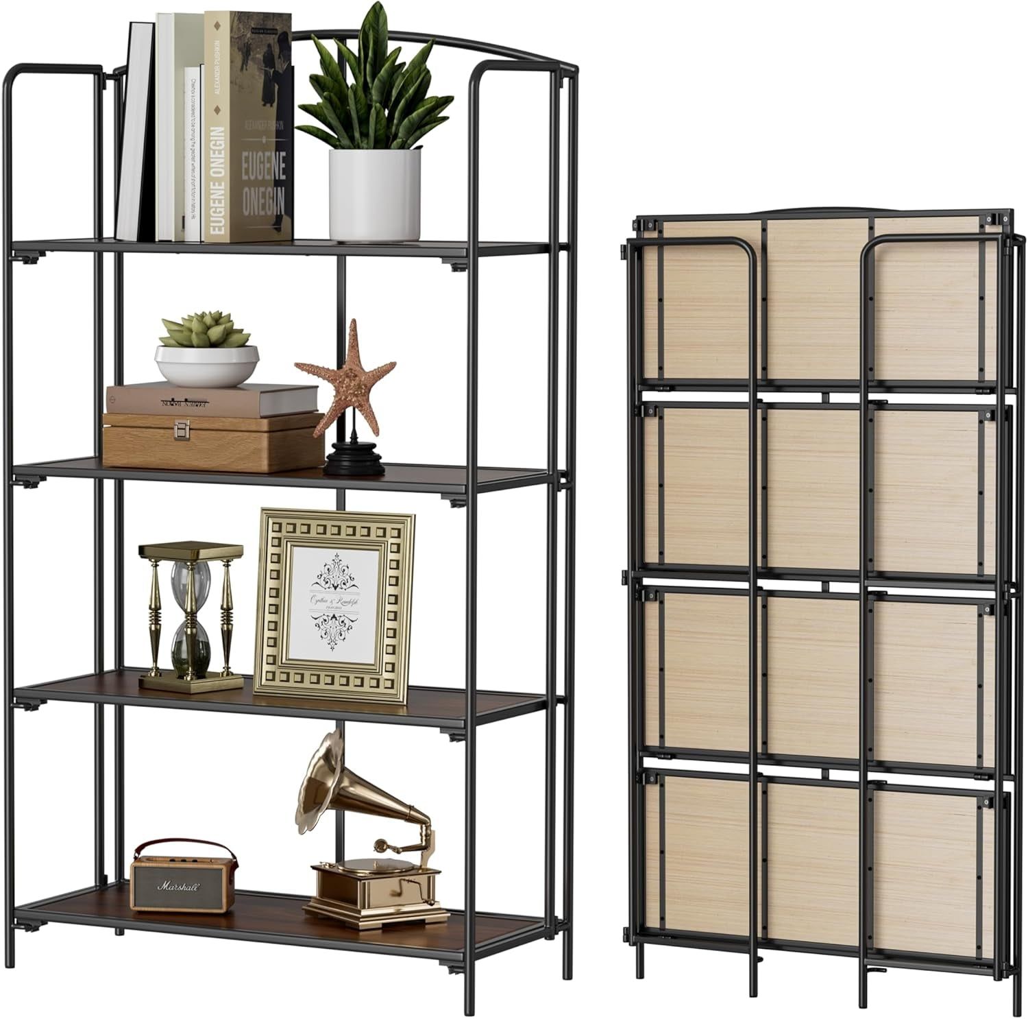 No Assembly Folding Bookshelf for Living Room, 4 Tier Black Collapsible Book Shelf for Home Office, Portable Bookcase Storage Organizer