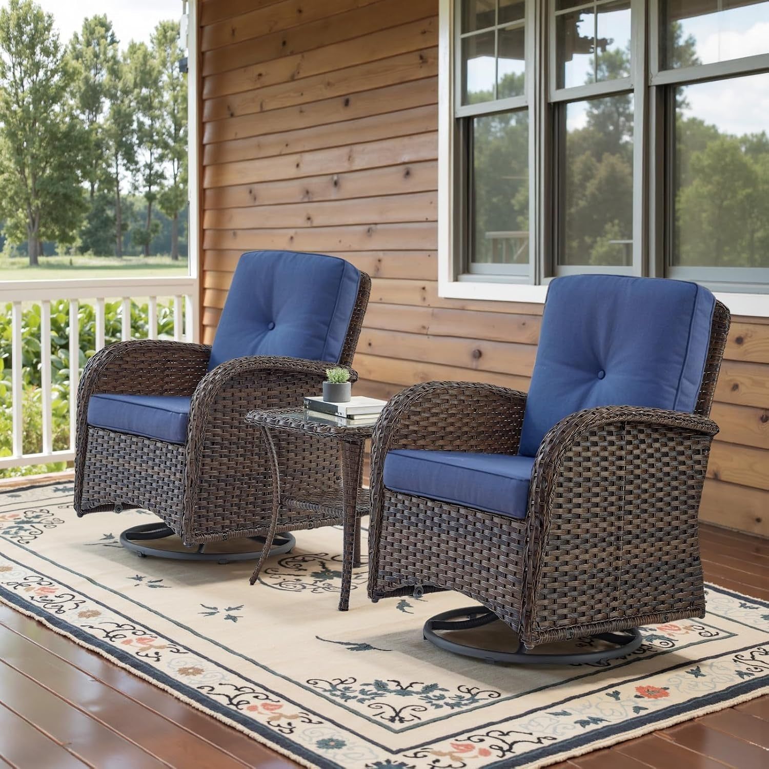 Patio Wicker Chairs Swivel Rocker Outdoor Swivel Rocking Chairs Set of 2 with Rattan Side Table Swivel Glider Chair 3 Piece Patio Furniture Sets for Patio Porch Pool Brown/Blue, (A085-1)