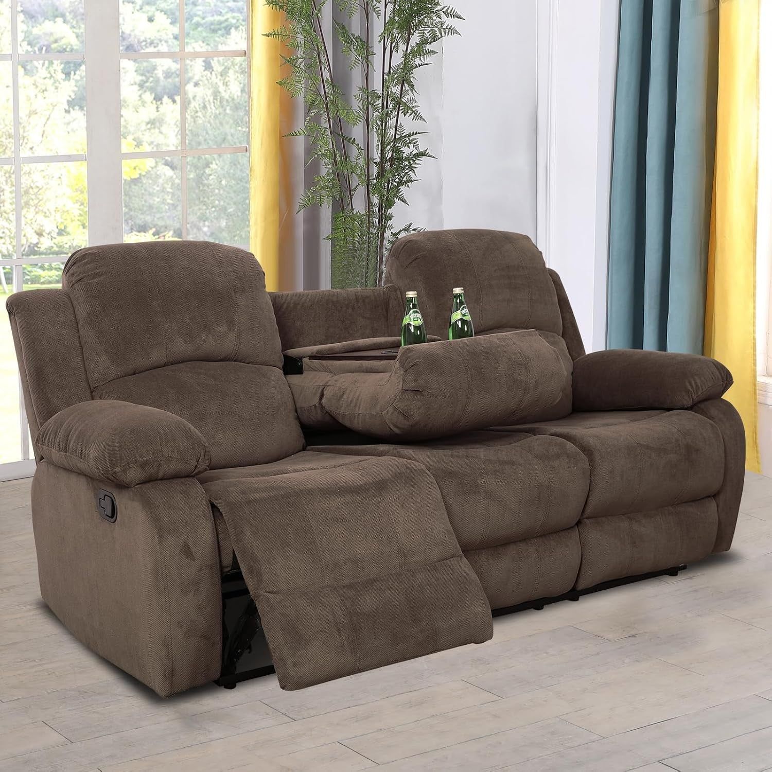 3 Seater Reclining Sofa Couch Living Room Furniture Fabric Manual Recliner Sofa Modern Corduroy Reclining Sofa with Cup Holders &amp; Drop-Down Table for Home/Office (Chocolate, 3 Seater Sofa)