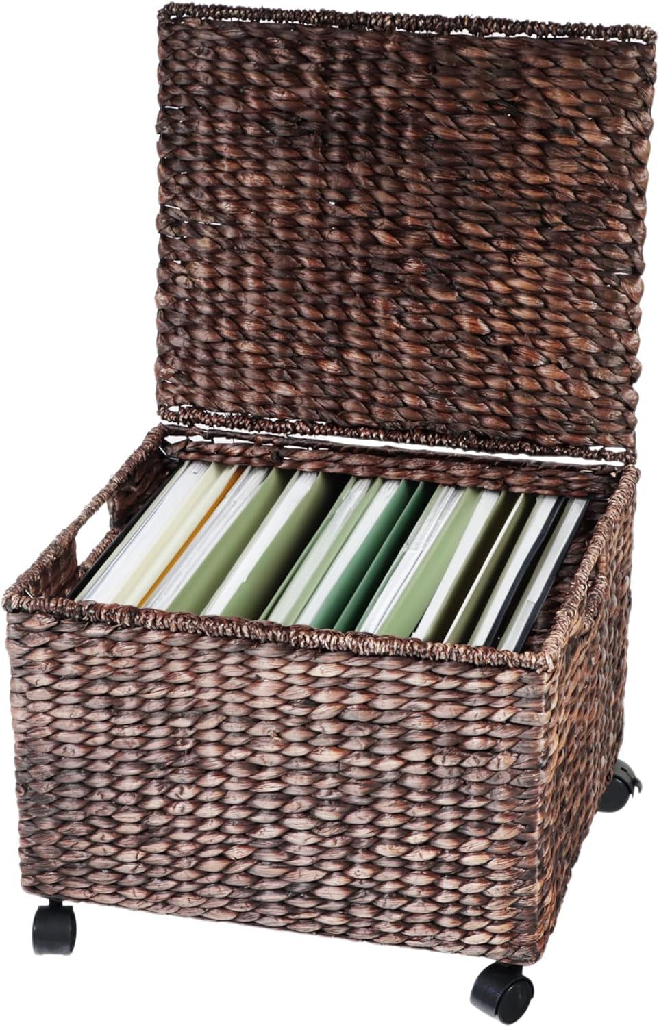Rolling File Box Wicker File Cabinet Hanging File Baskets Water Hyacinth Storage Basket (Dark Brown)