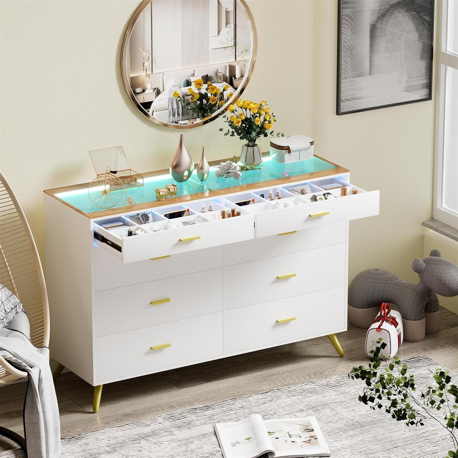 White Dresser with LED Lights for Bedroom,8 Drawer Dressers with Tempered Glass Top,Chests of Drawers with 2 Grid Drawer,Storage Organizer Dresser for Hallway,Living Room
