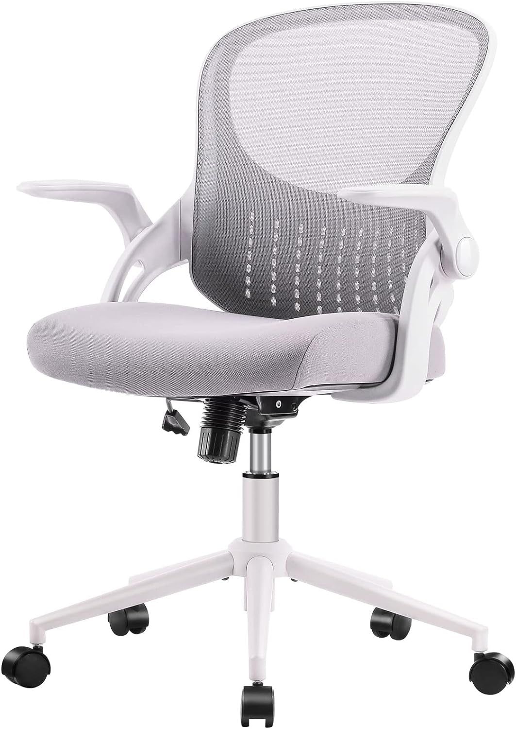 Office Computer Gaming Desk Chair, Ergonomic Mid-Back Mesh Rolling Work Swivel Chairs with Flip-Up Arms, Comfortable Lumbar Support, Comfy Arms for Home, Bedroom, Study, Student, Adults, Grey