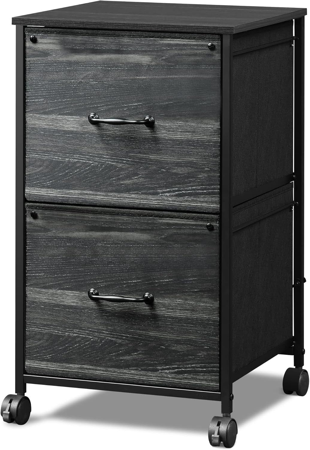 2 Drawer Mobile File Cabinet, Rolling Printer Stand, Fabric Vertical Filing Cabinet Fits A4 or Letter Size for Home Office, Charcoal Black Wood Grain Print