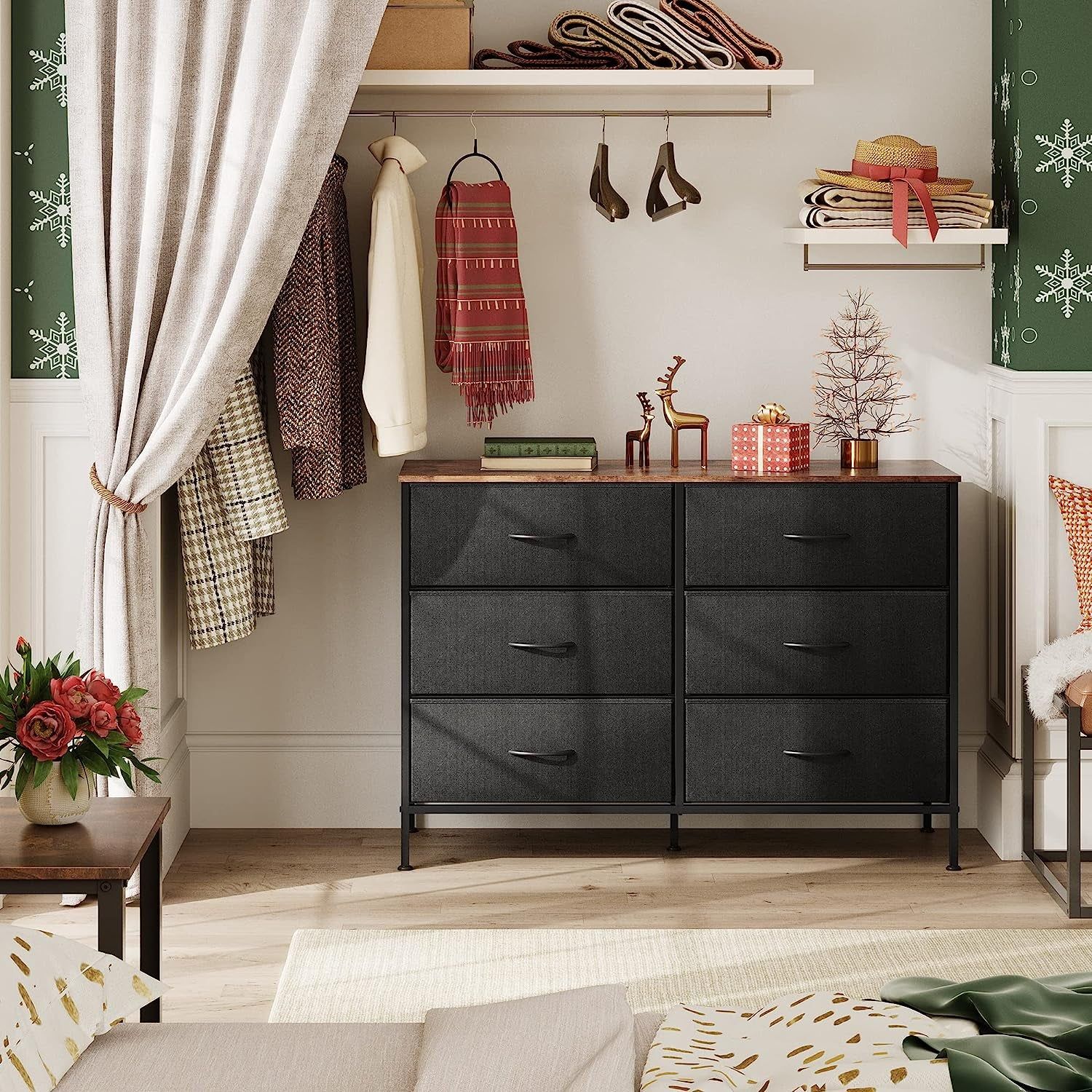 Black Rustic Dresser with 6 Drawers and TV Stand