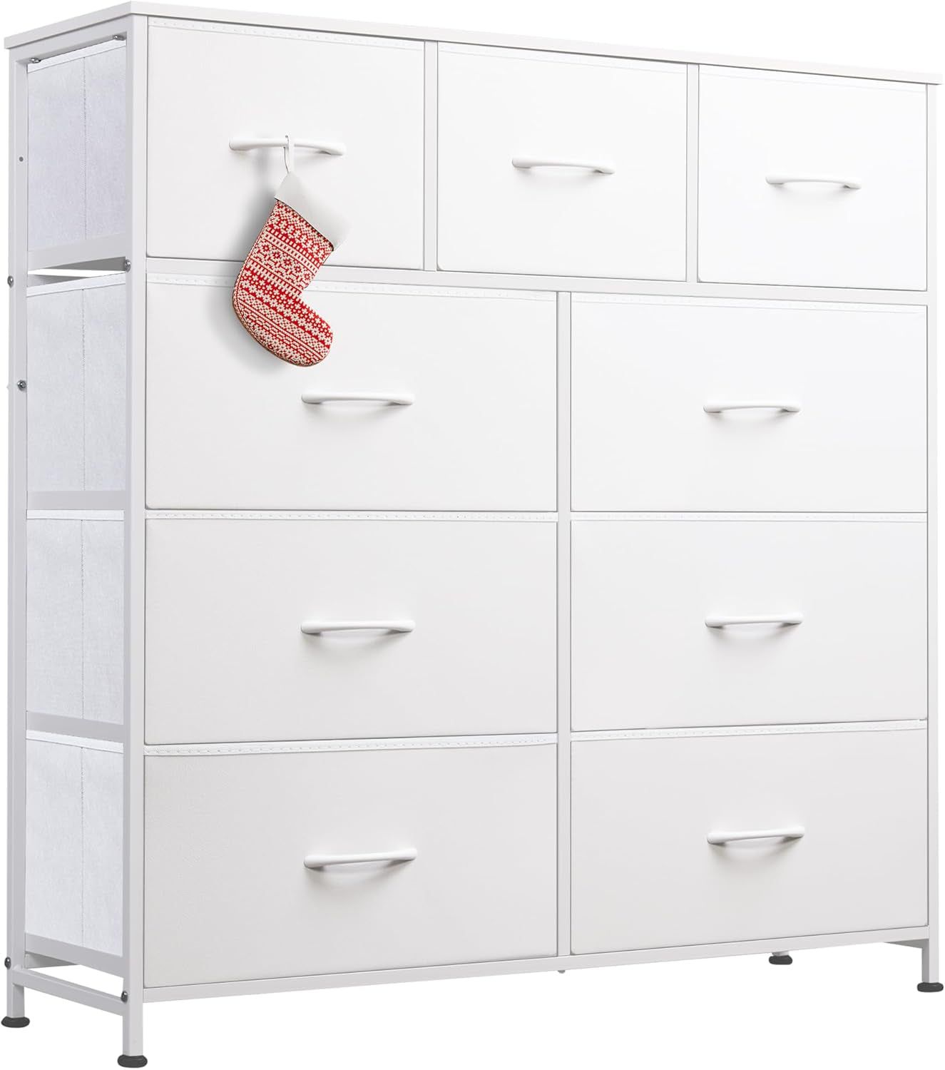 9-Drawer Dresser, Fabric Storage Tower for Bedroom, Hallway, Closet, Tall Chest Organizer Unit for Bedroom with Fabric Bins, Steel Frame, Wood Top, Easy Pull Handle, White