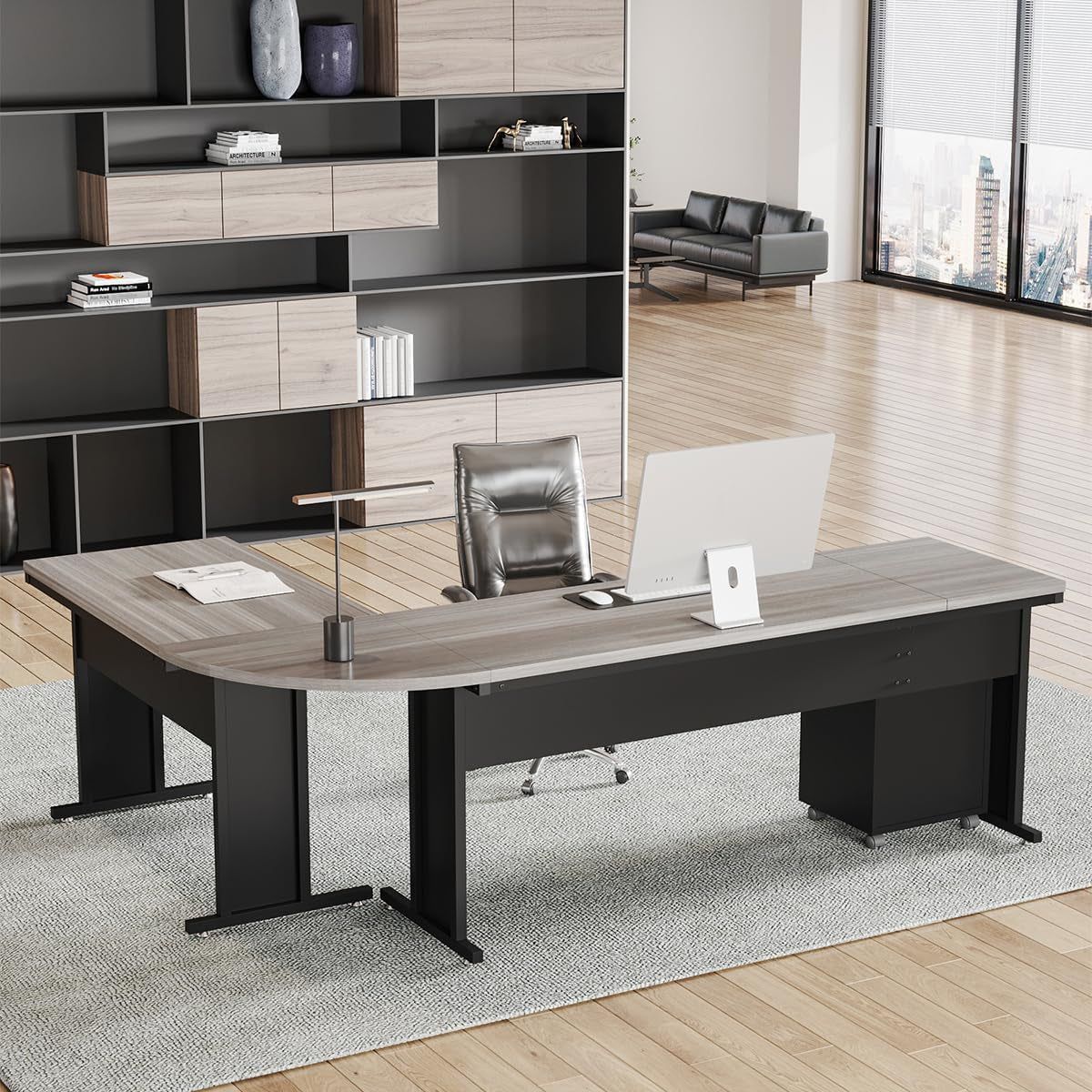 83 Inch L-Shaped Office Desk, Large Executive Computer Desk with 3-Drawer File Cabinet, Industrial Corner Desk with Storage Drawers, Business Furniture Work Desk for Home Office (Gray)