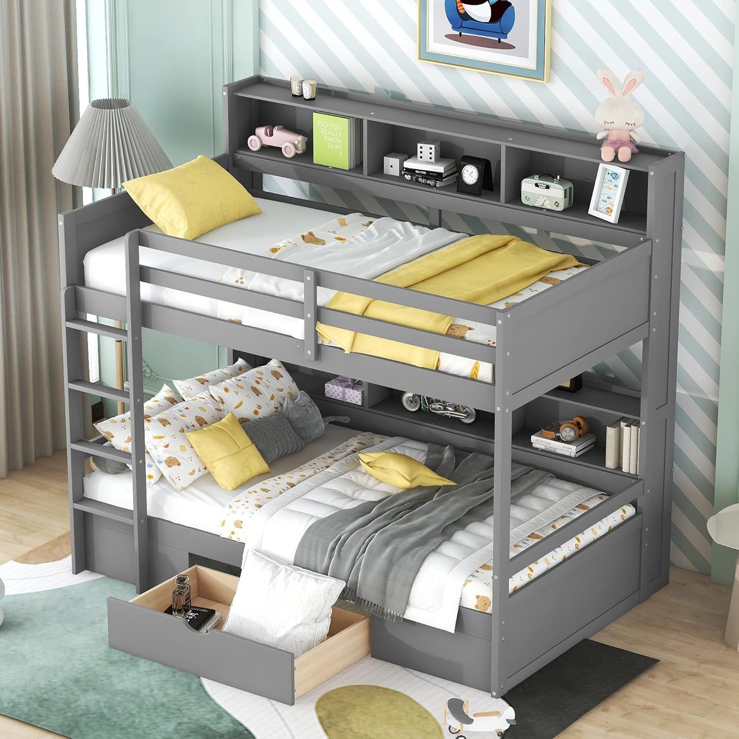 Bunk Bed Twin over Twin with Storage,Wood Twin Bunk Beds with Built-In Shelves beside Both Upper &amp; down Bed,Multi Storage Bunk Beds with Drawer for Kids Girls Boys, Grey