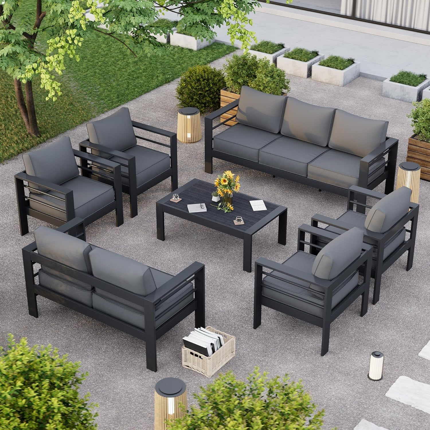 Aluminum Patio Furniture Set, 7 Piece Metal Outdoor Furniture Set, Patio Furniture Set with Waterproof Covers for Backyard Garden（Grey）