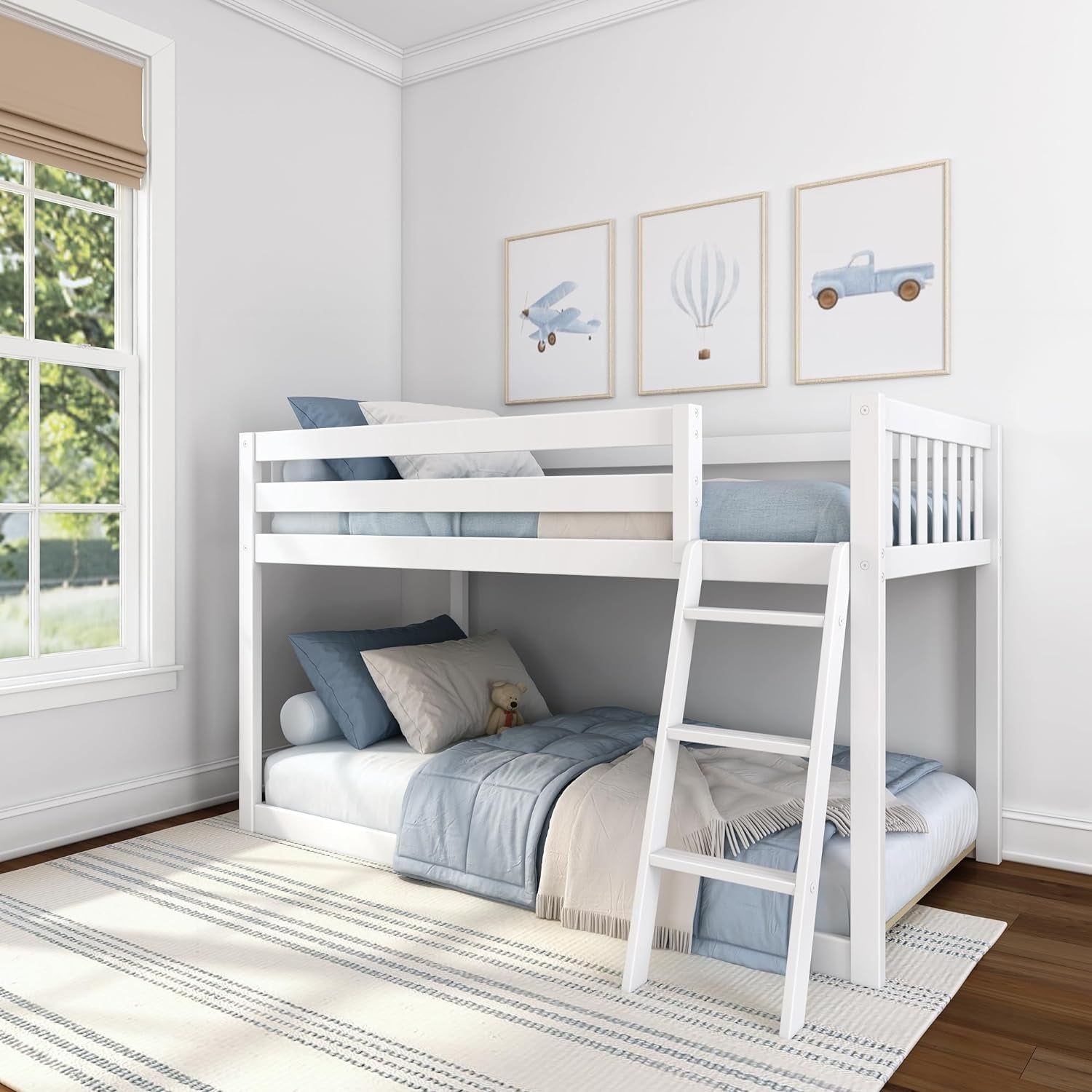 Fundamental Twin Low Bunk Bed, Kids Solid Wood Modern Bed Frame with Strong Wooden Slats, Non-Toxic Finishes, High Weight Capacity, White