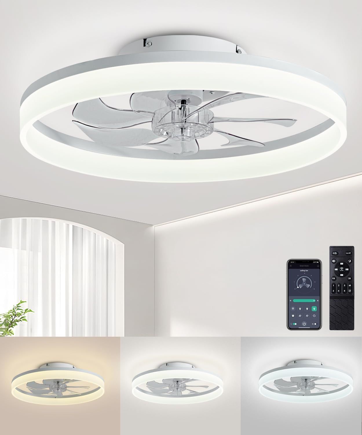 Ceiling Fans with Lights and Remote,20&quot; Fandelier Ceiling Fan Flush Mount,3000-6500K Smart Bladeless LED Fan Light,Modern Low Profile Ceiling Fan with Light for Bedroom,Kids Room and Living Room.White