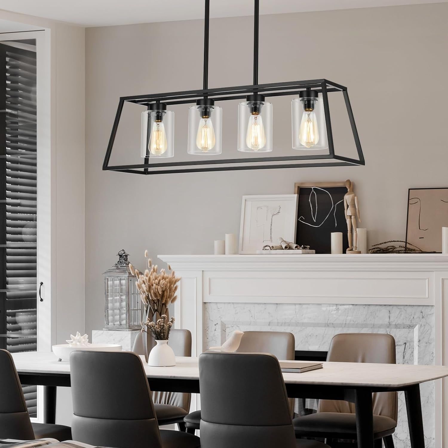 4-Light Black Farmhouse Chandelier Clear Glass Dining