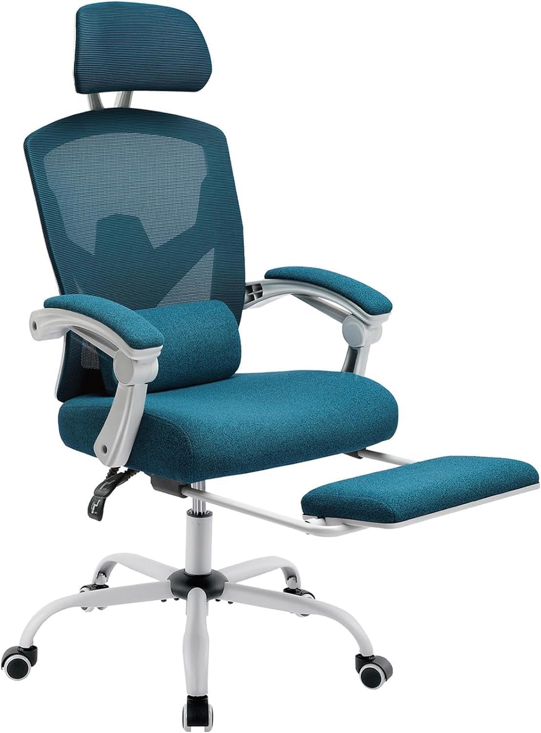 Home Office Desk Chair with Footrest, High-Back Mesh Rolling Swivel Reclining Chairs with Wheels, Comfortable Headrest, Lumbar Support, Comfy Arms for Home, Office, Gaming, Student, Blue