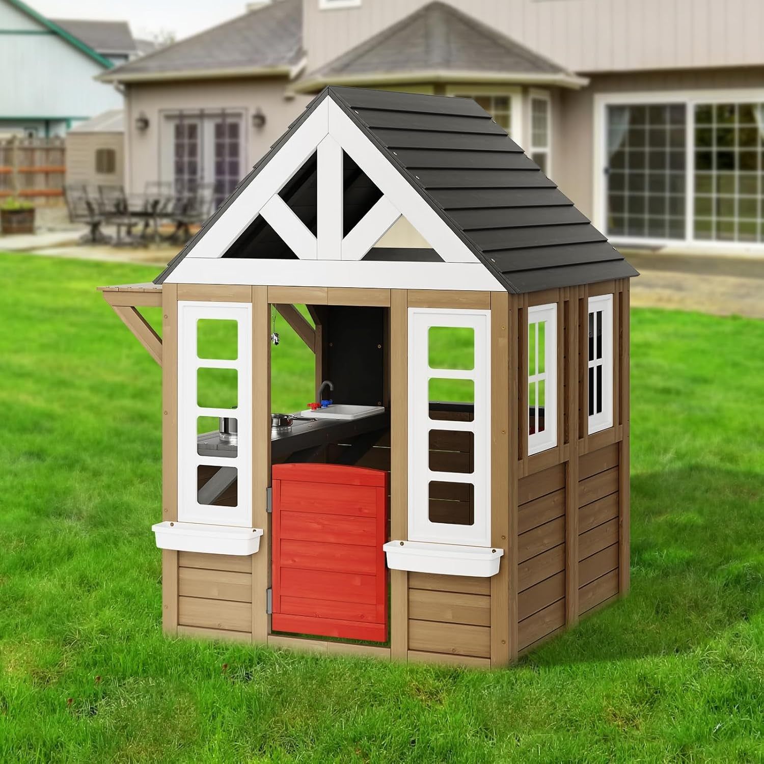 Cedar Playhouse with Door, Grill, Sink for Kids