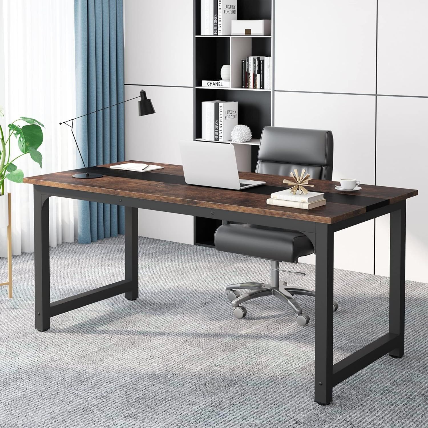 70.8”Executive Desk, Large Office Computer Desk with Thicken Frame, Modern Simple Workstation Business Furniture for Home Office, Vintage Brown/Black