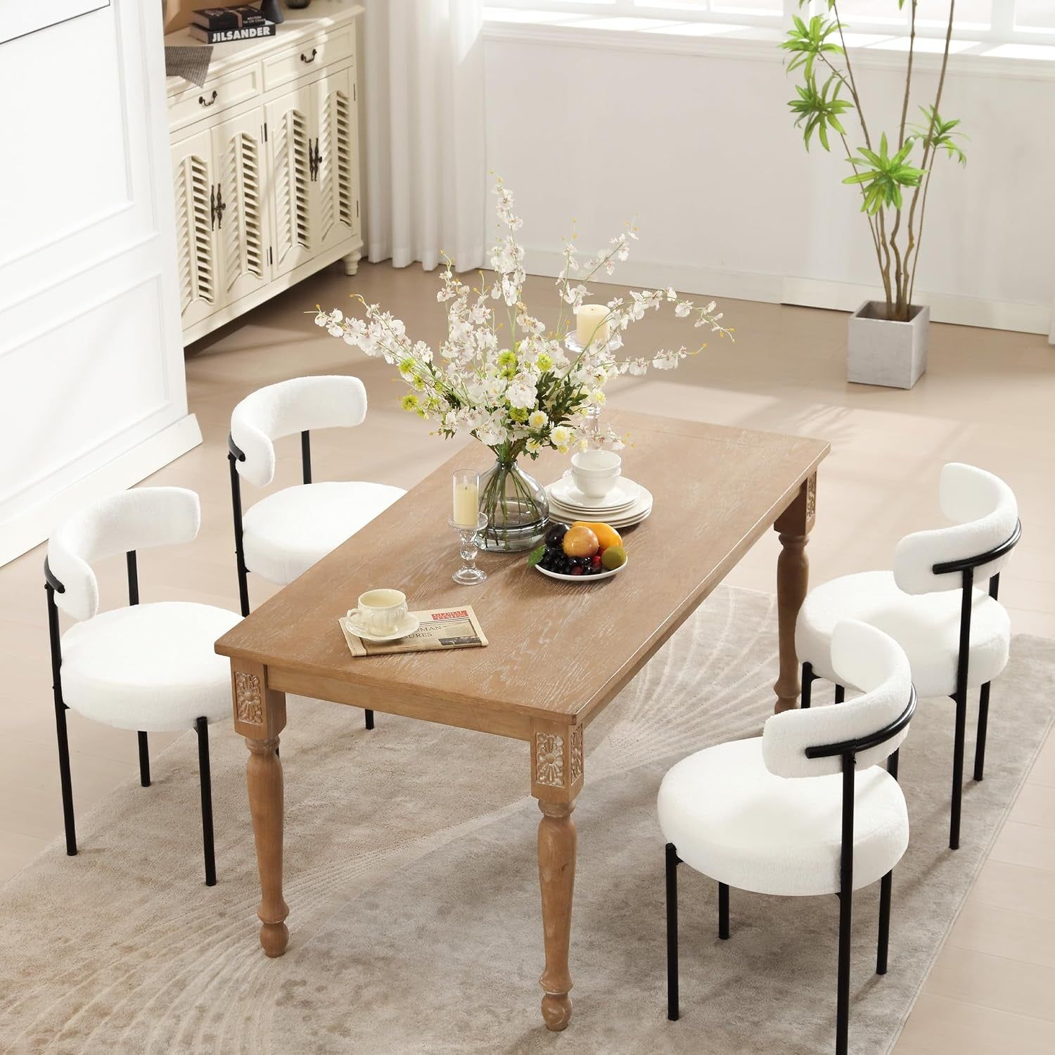Dining Chairs Set of 4, White Boucle Dining Chair with Curved Backrest, round Thicken Upholstered Dining Chairs for Kitchen &amp; Dining Room, Mid Century Modern Dining Chairs Sturdy and Comfy