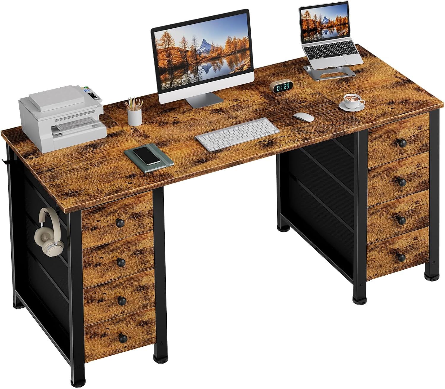 Home Office Desk with Drawers for Storage - 55 Inch Computer Desk with 8 Fabric Drawers, Writing Study Work Desk with Drawers on Both Sides for Bedroom