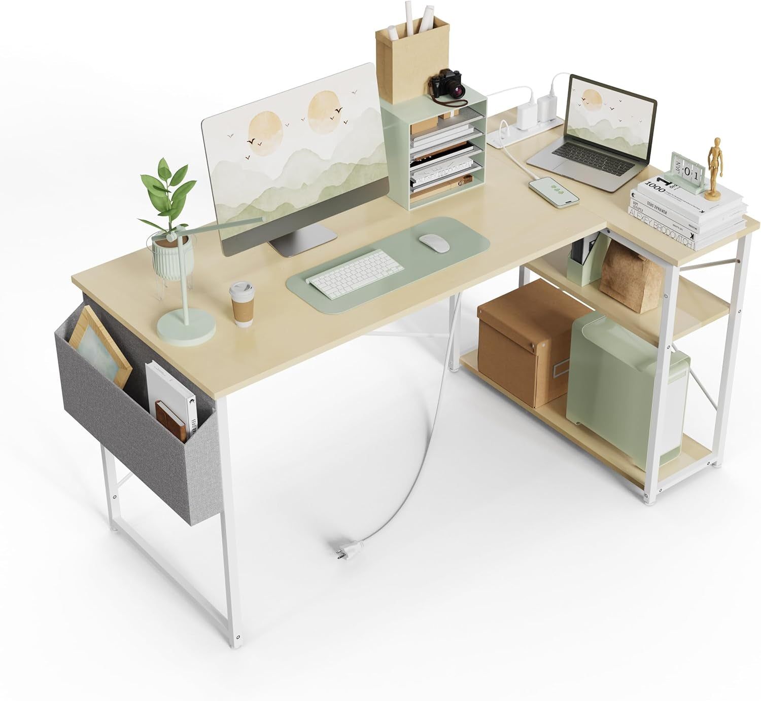 Small Computer Desk with Power Outlets, 40 Inch L Shaped Desk with Reversible Shelves, Gaming Desk Corner Desk Study Writing Table for Home Office Bedroom Living Room, Beige