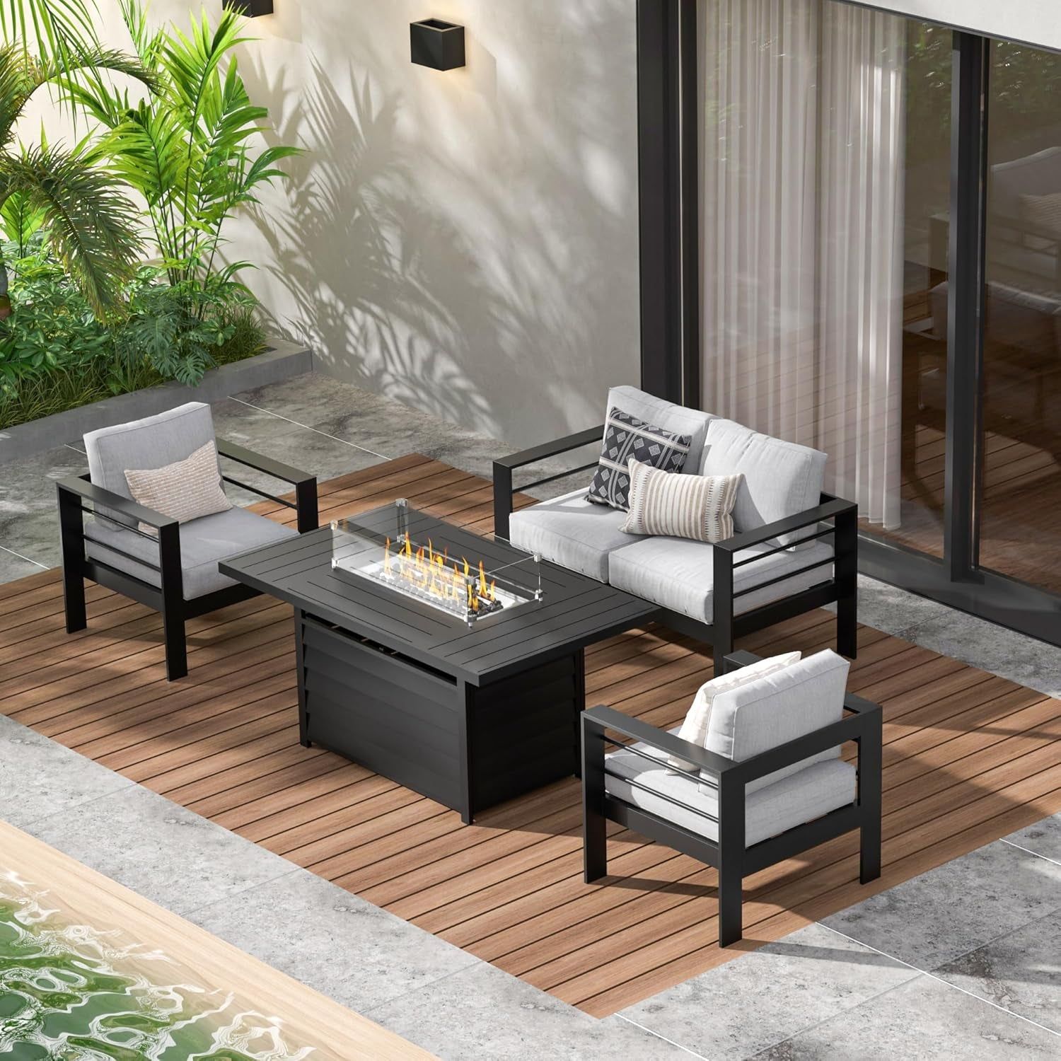 Aluminum Patio Furniture Set, 4 Piece Metal Outdoor Sofa Set with 54-INCH CSA Certified Propane Gas Fire Pit Table (Light Grey)