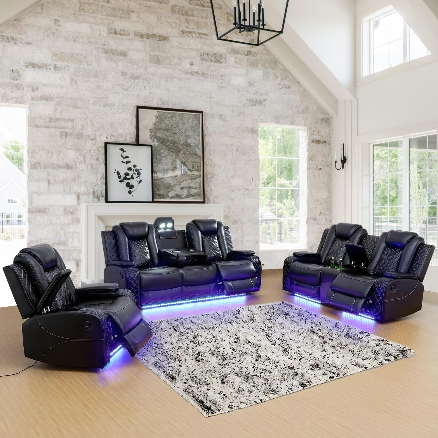 Power Leather Recliner Sofa Set with LED Lights,Living Room Furniture Set, Breathing Leather Sofa Couch with USB Port/Storage Console/Cup Holders (3 Pieces Reclining Sofa Set, Black)