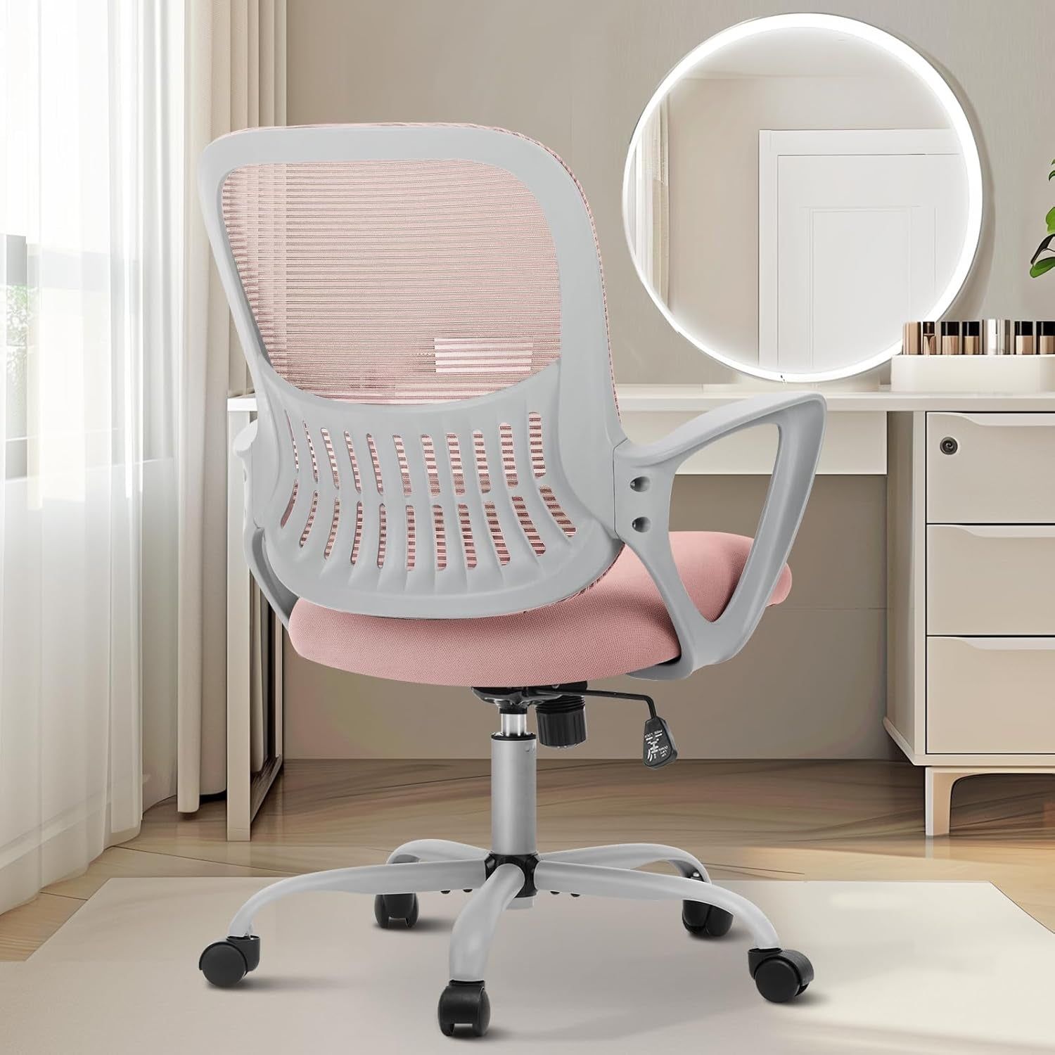 Office Computer Desk Managerial Executive Chair, Ergonomic Mid-Back Mesh Rolling Work Swivel Chairs with Wheels, Comfortable Lumbar Support, Comfy Arms for Home,Bedroom,Study,Student,Pink