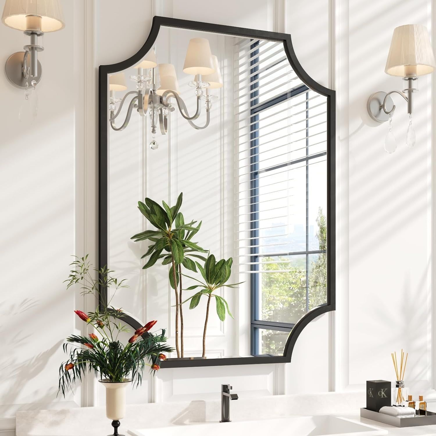 30&quot;X40&quot; Large Black Bathroom Mirror for Wall, Gold Scalloped Vanity Mirror Bevelled Framed Decorative Mirror for Master Bath Half Bath Entrance Hallway Fireplace Bedroom Living Room
